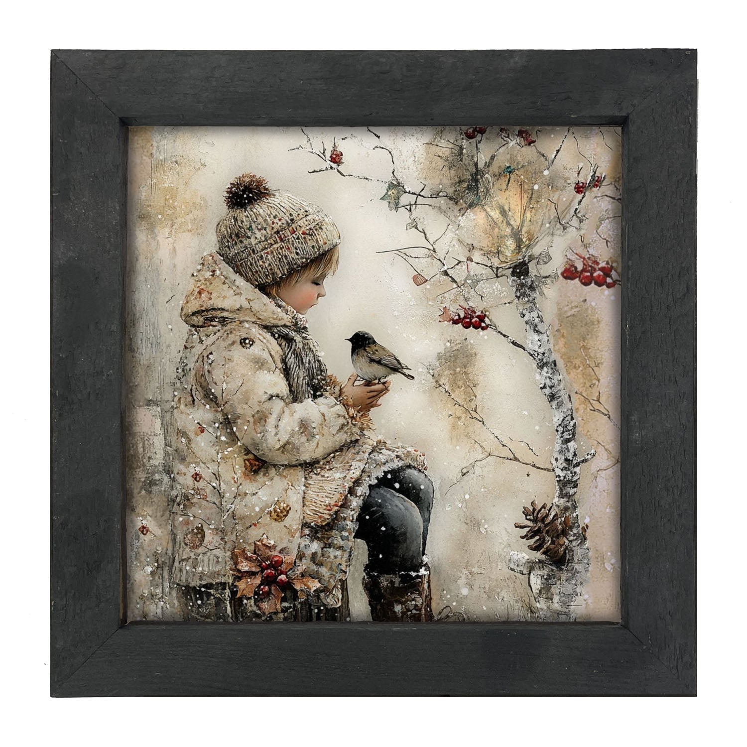 Winter Girl with bird - Framed Art