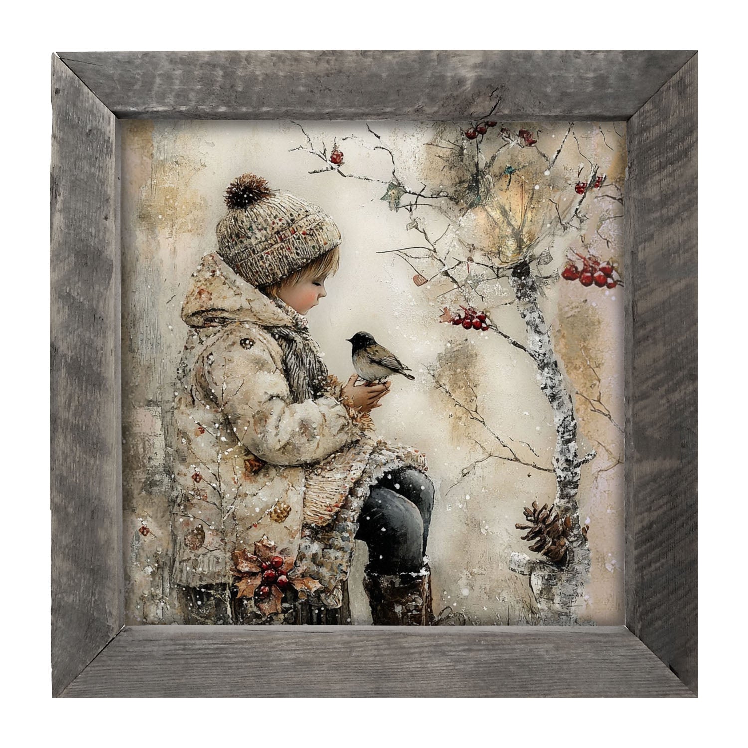 Winter Girl with bird - Framed Art