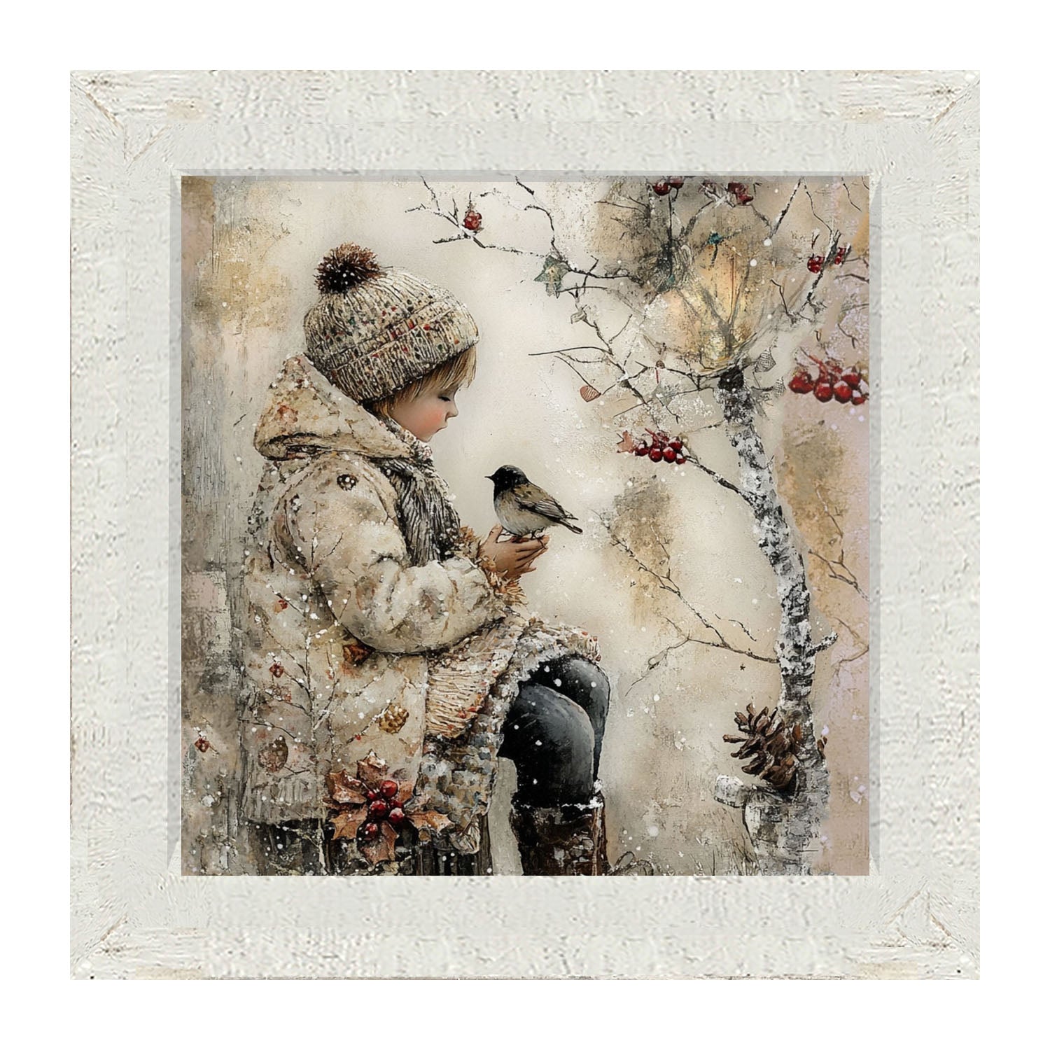 Winter Girl with bird - Framed Art
