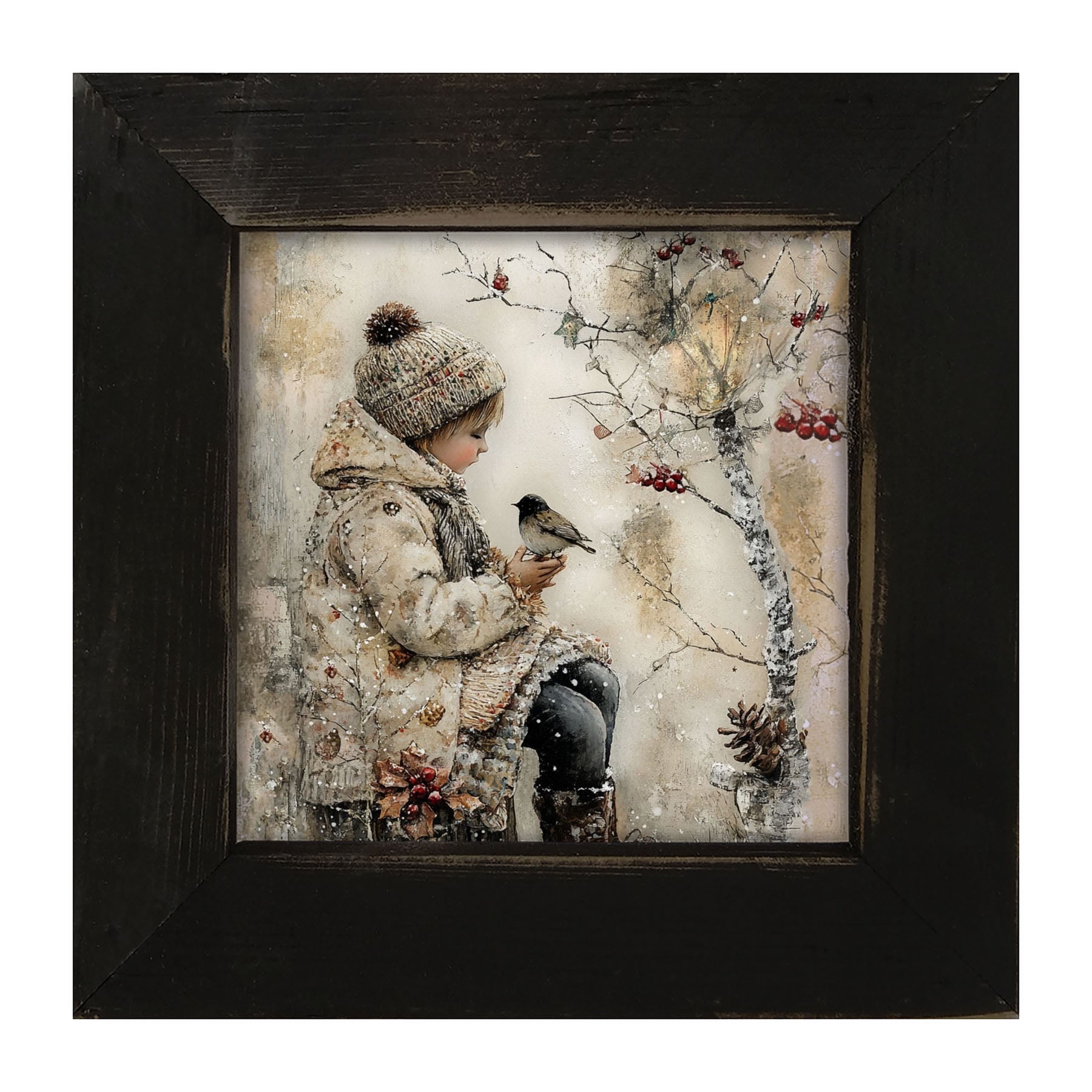 Winter Girl with bird - Framed Art