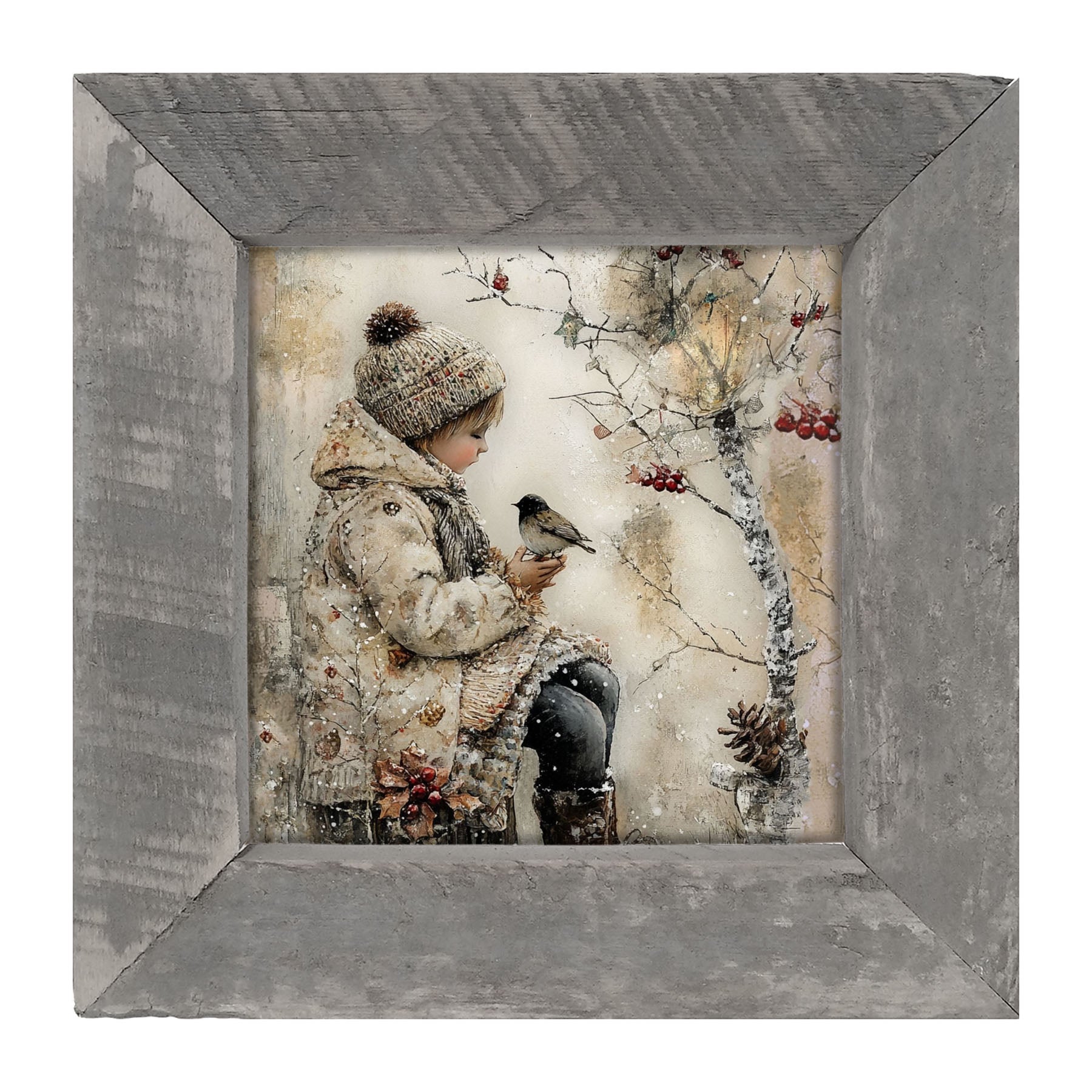 Winter Girl with bird - Framed Art