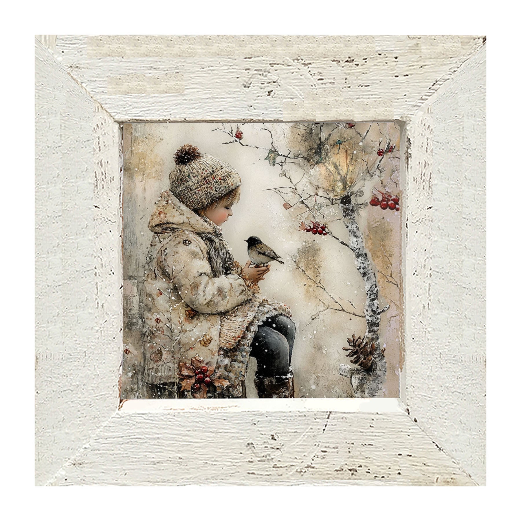 Winter Girl with bird - Framed Art