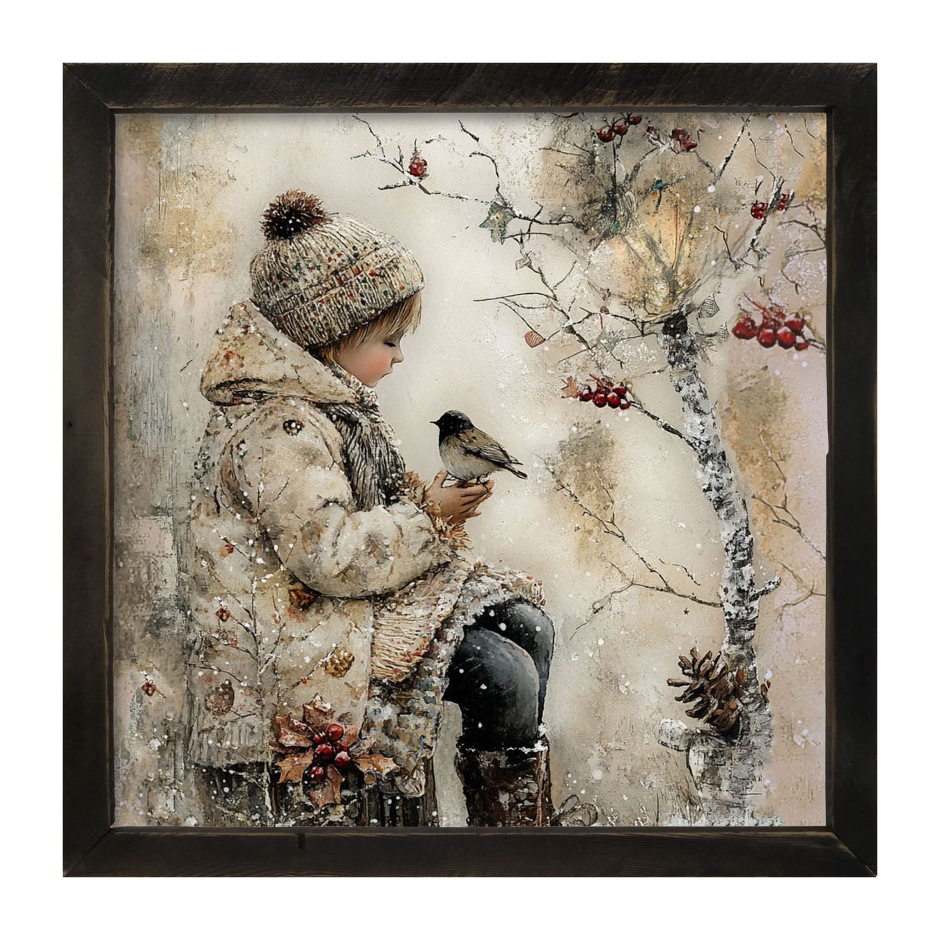 Winter Girl with bird - Framed Art