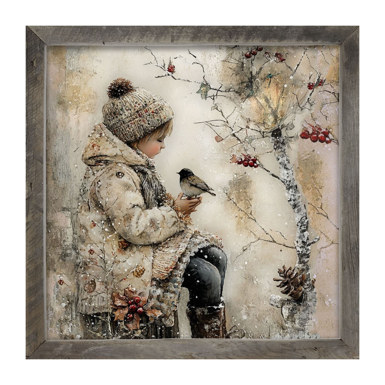 Winter Girl with bird - Framed Art