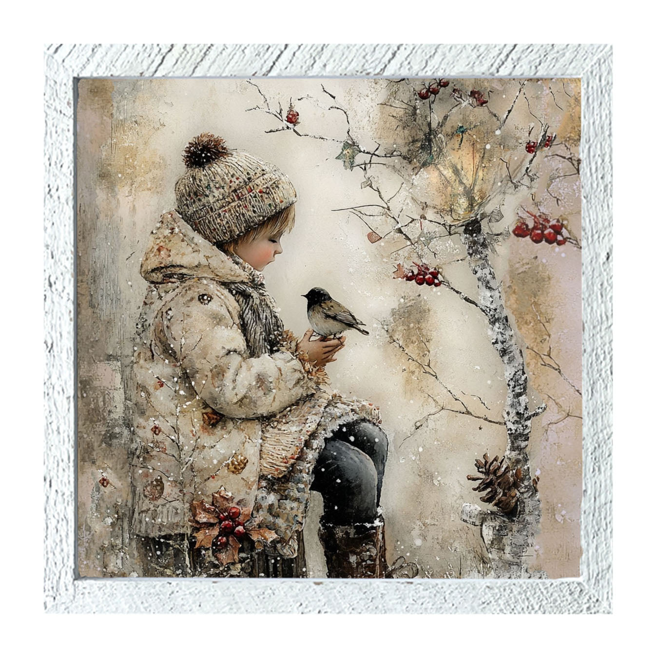 Winter Girl with bird - Framed Art
