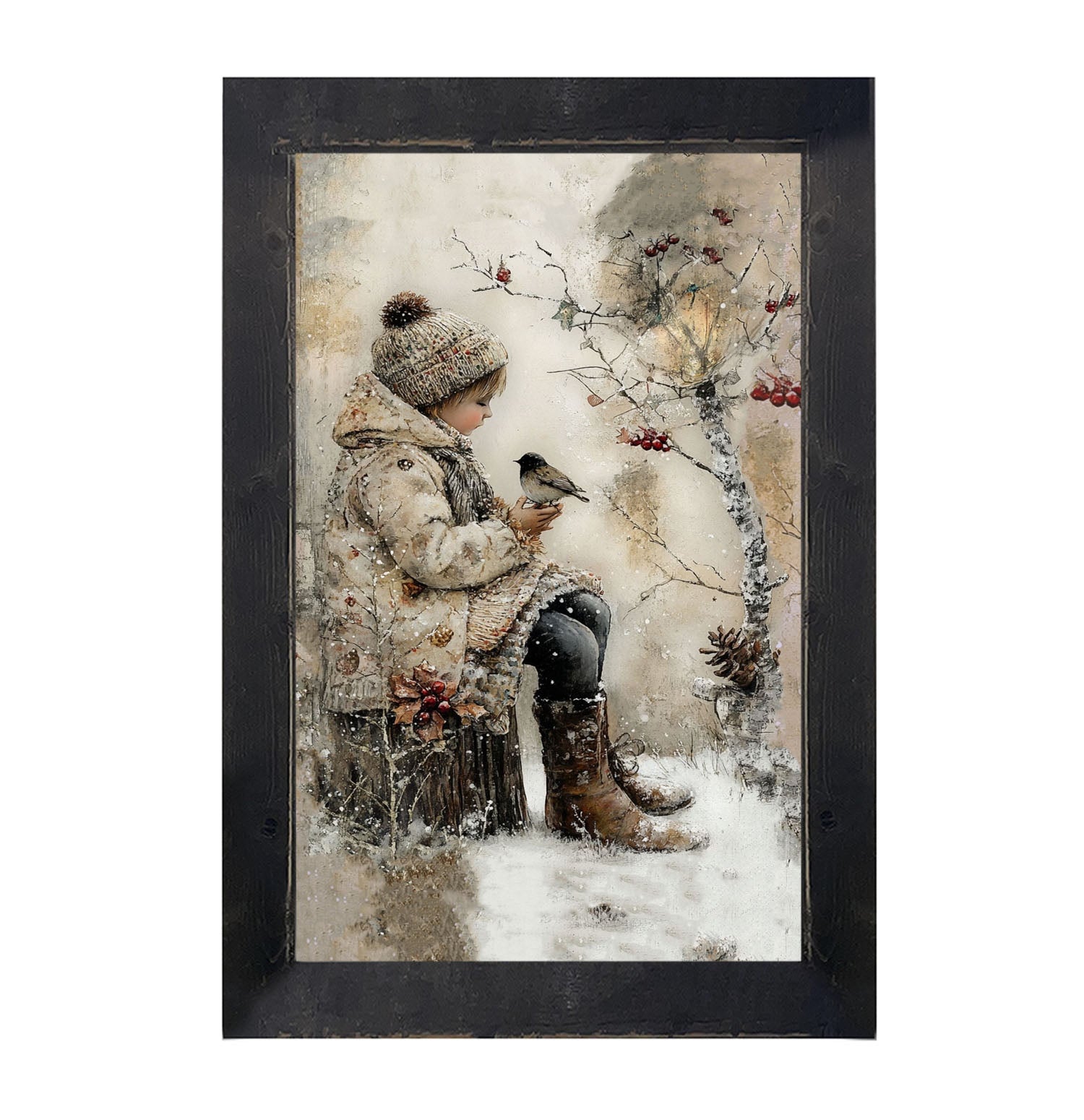 Winter Girl with bird - Framed Art