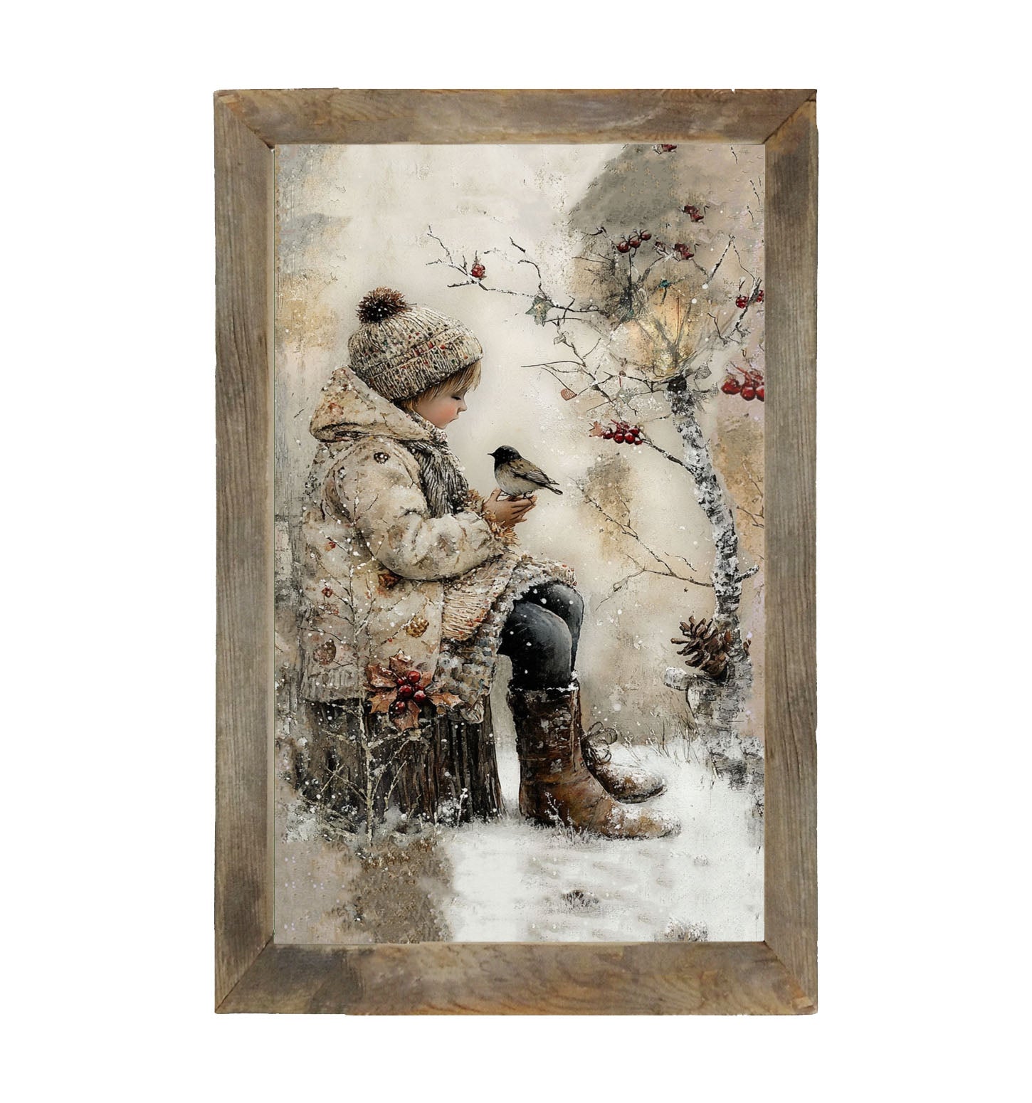 Winter Girl with bird - Framed Art
