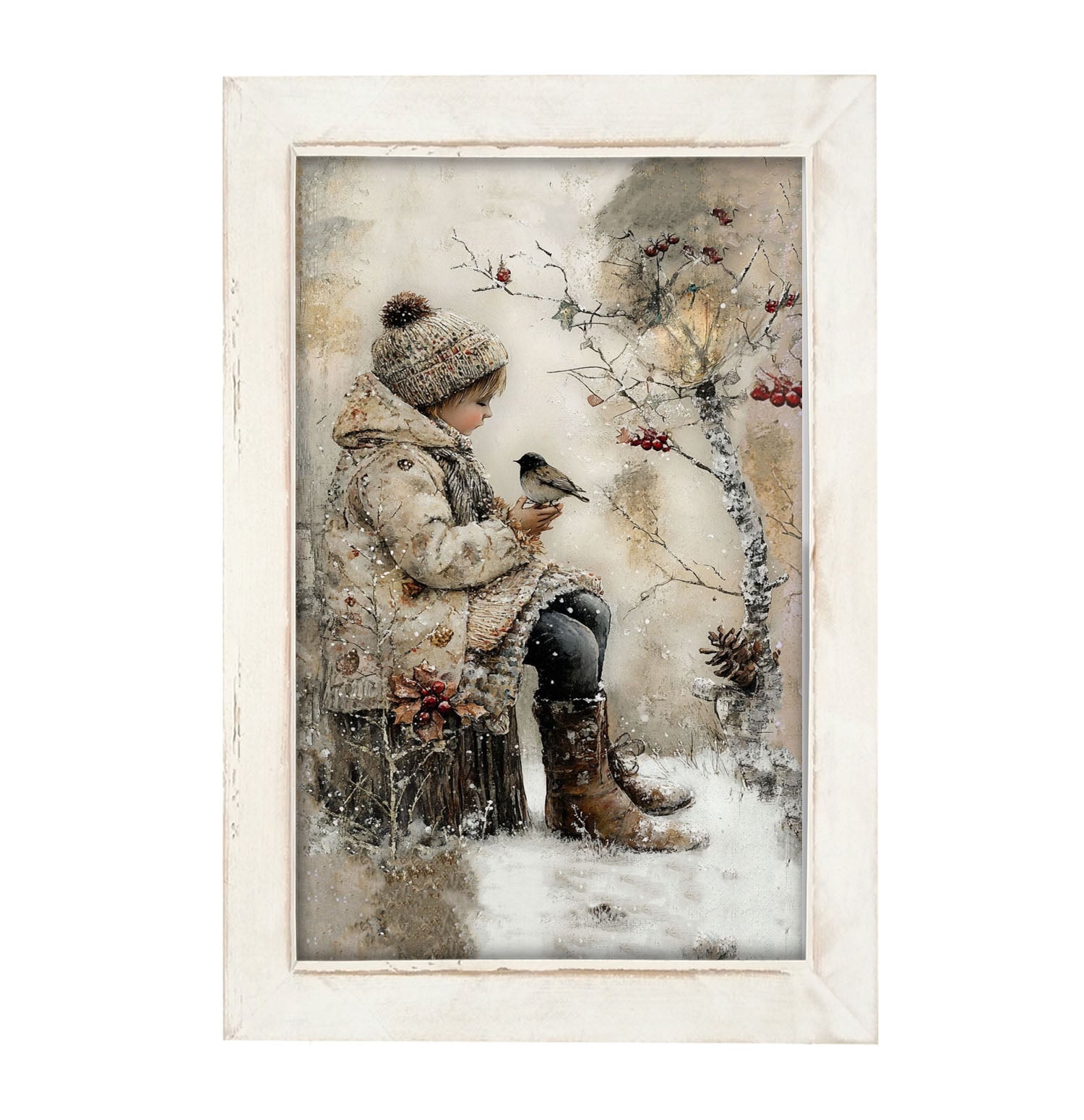 Winter Girl with bird - Framed Art