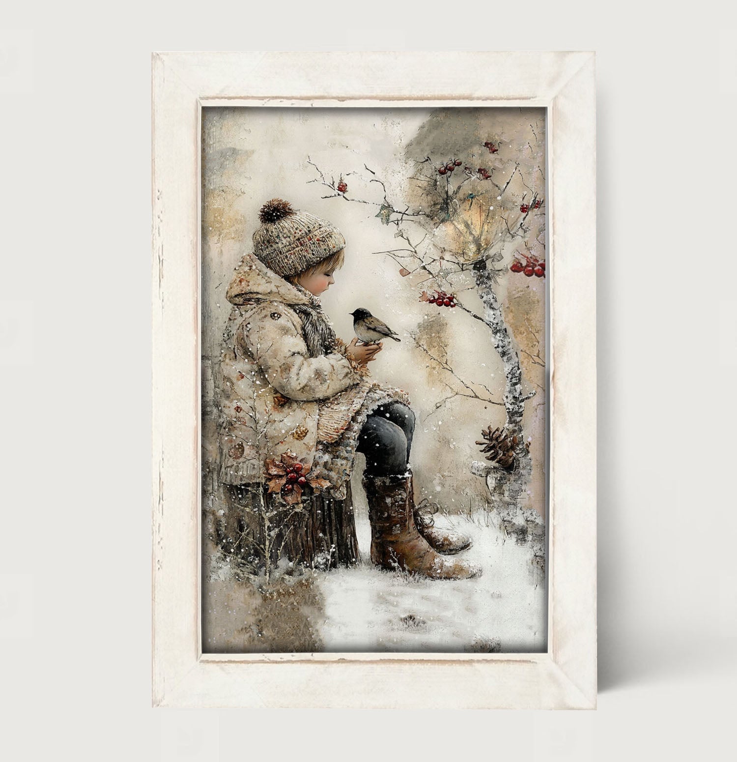 Winter Girl with bird - Framed Art