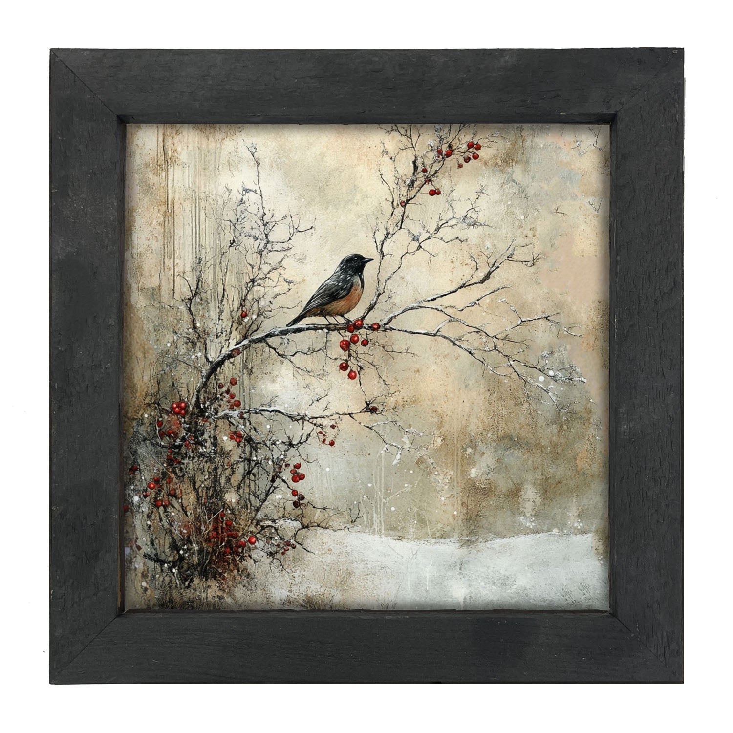 Bird on Berry Branch - Framed Art