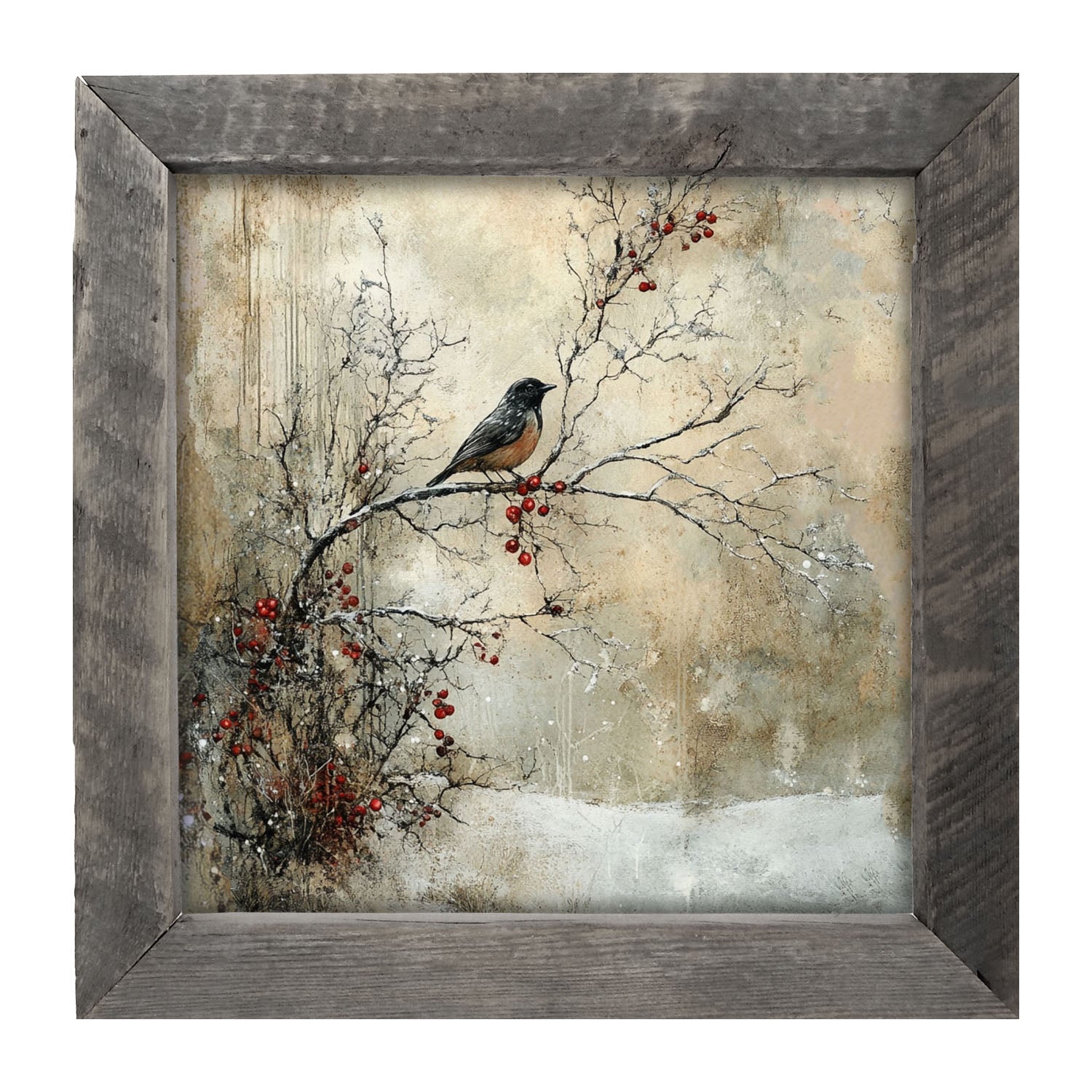 Bird on Berry Branch - Framed Art