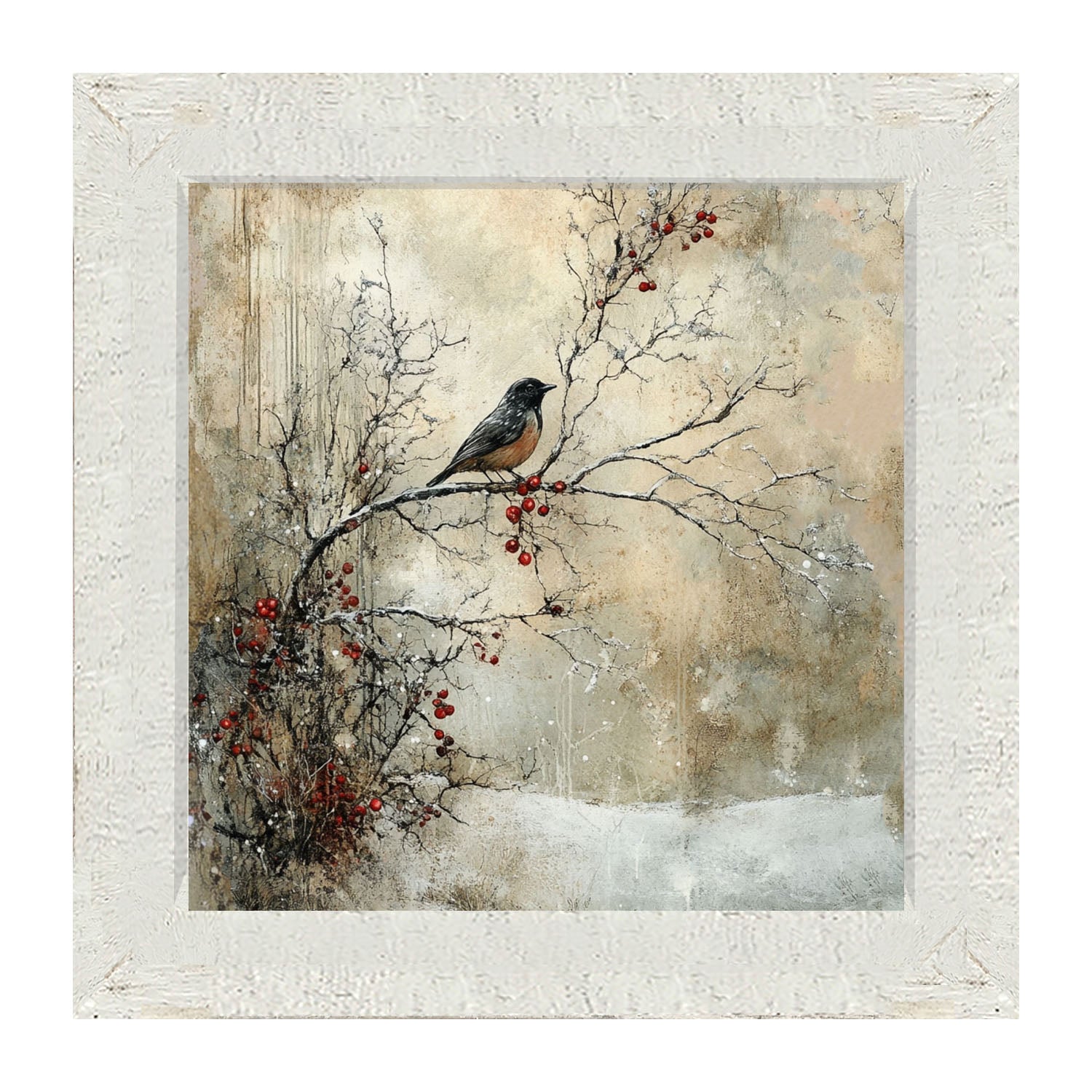 Bird on Berry Branch - Framed Art