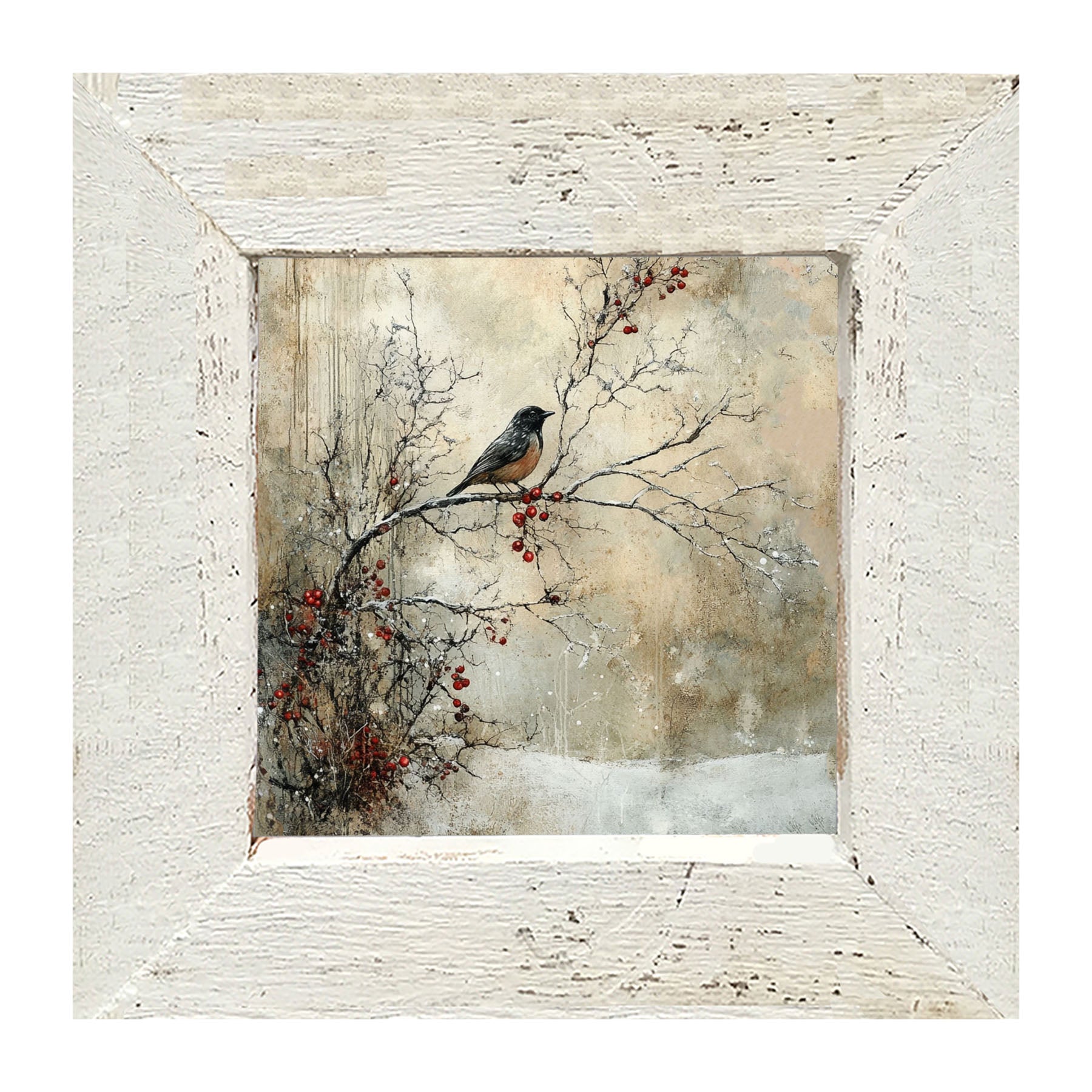 Bird on Berry Branch - Framed Art