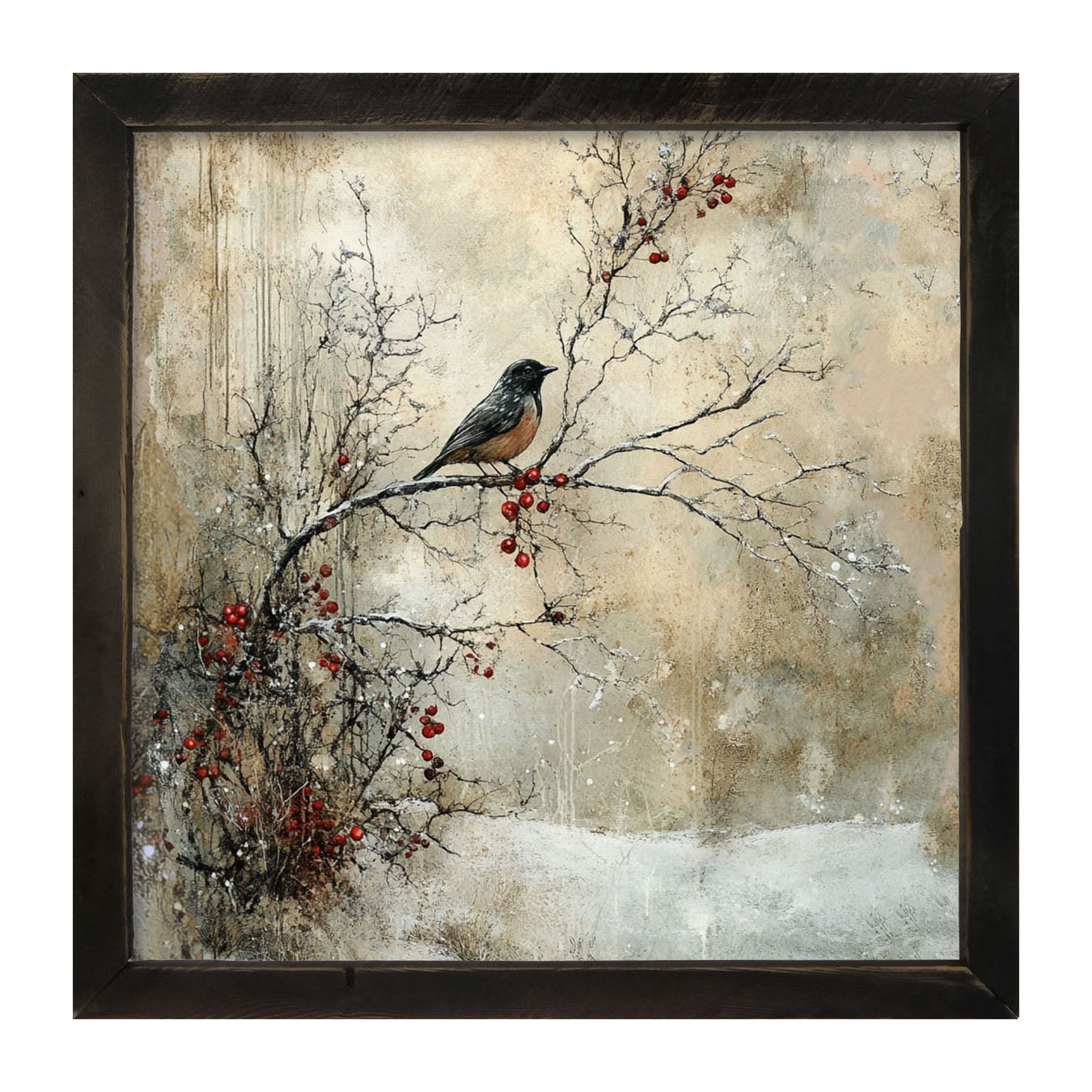 Bird on Berry Branch - Framed Art
