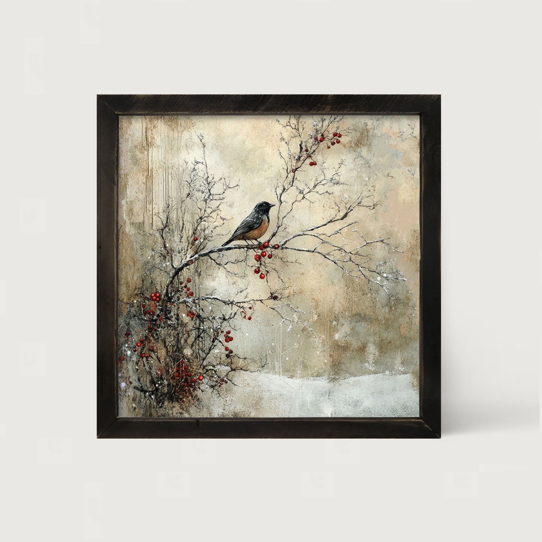 Bird on Berry Branch - Framed Art