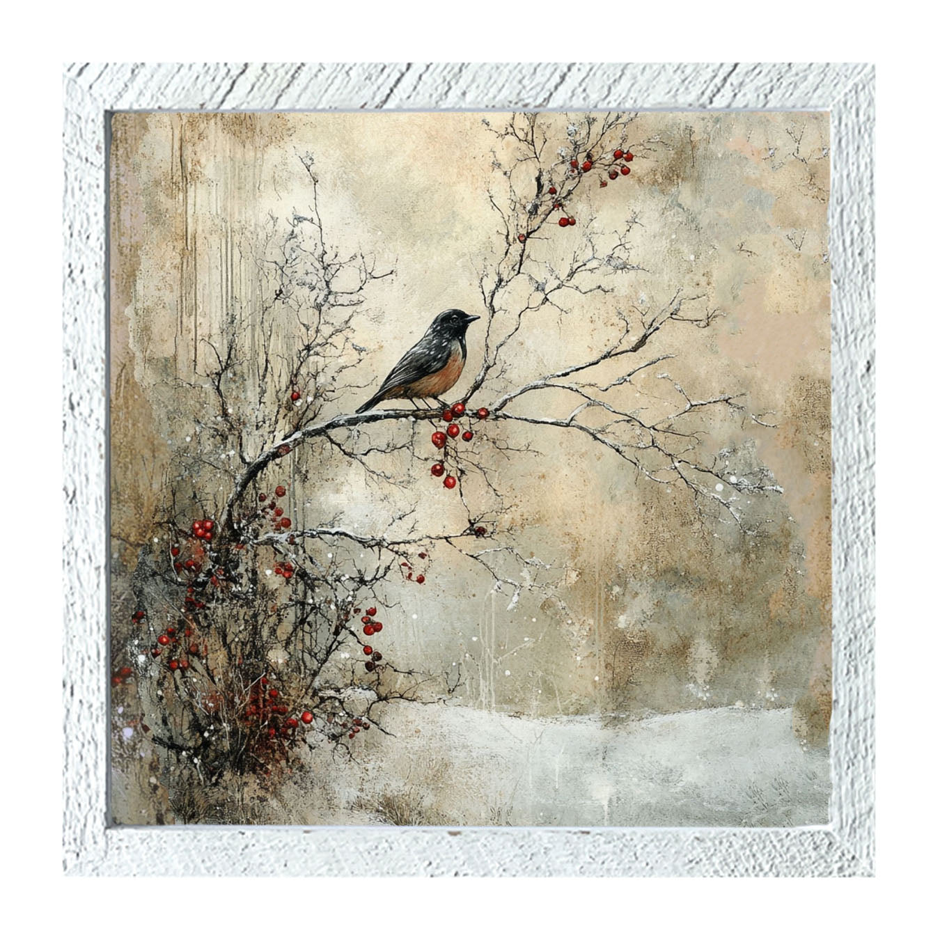 Bird on Berry Branch - Framed Art