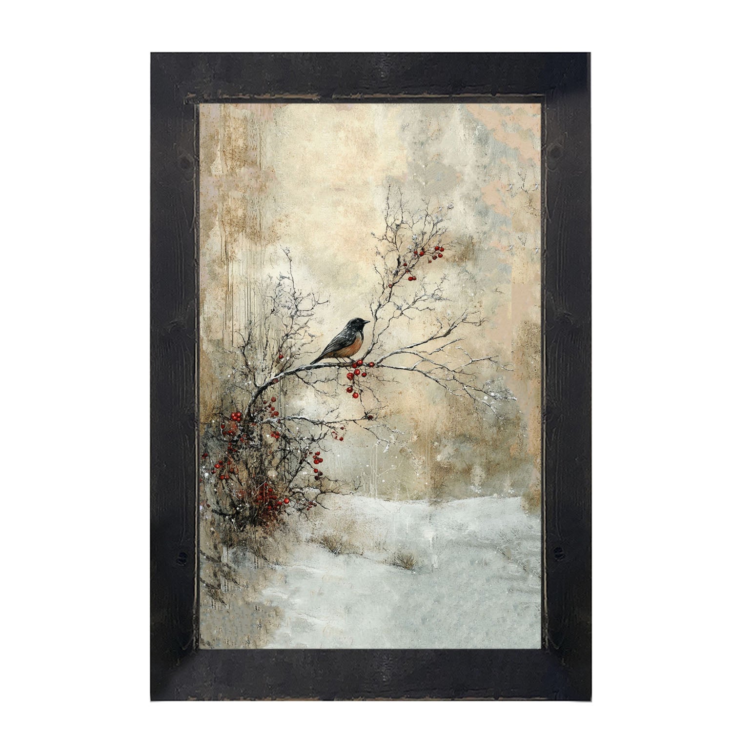 Bird on Berry Branch - Framed Art