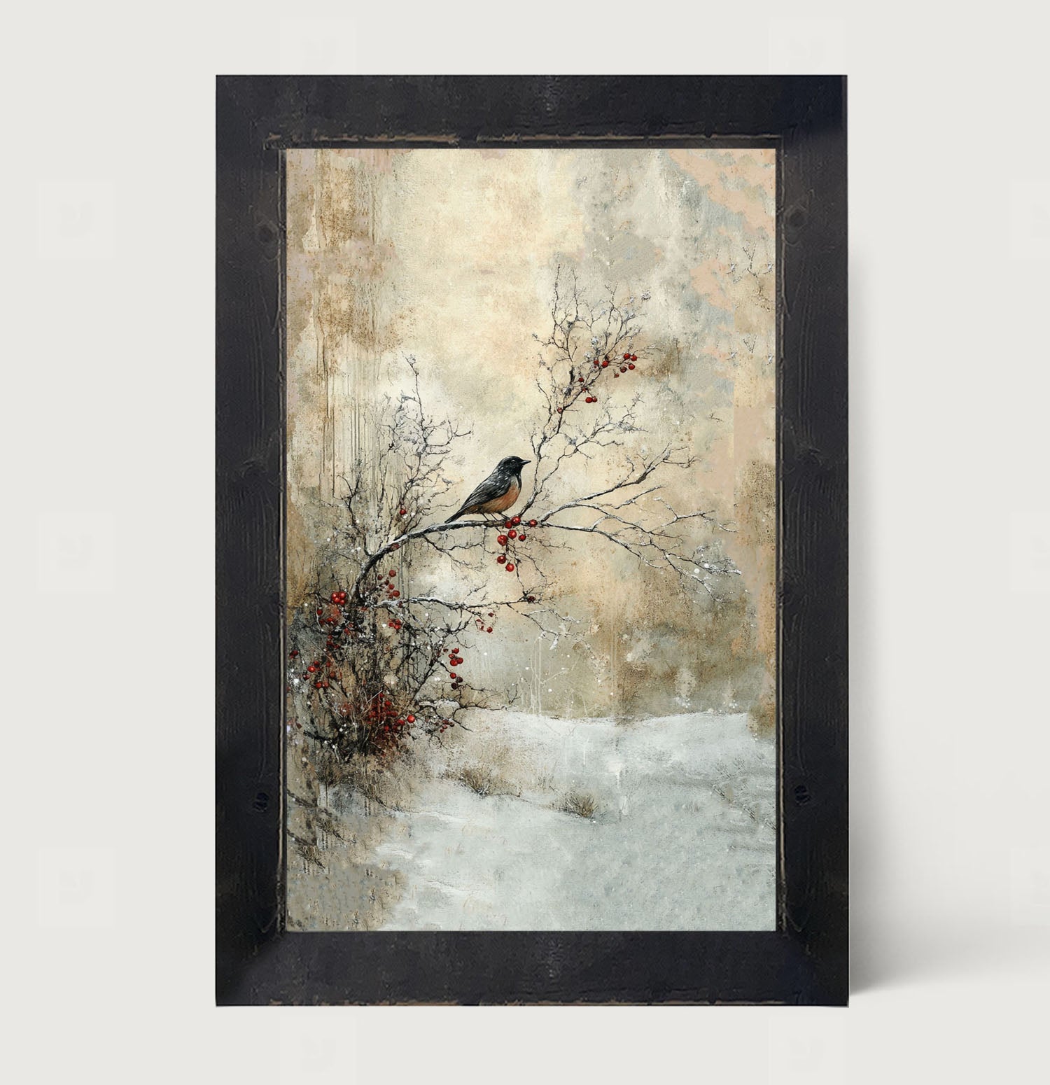 Bird on Berry Branch - Framed Art