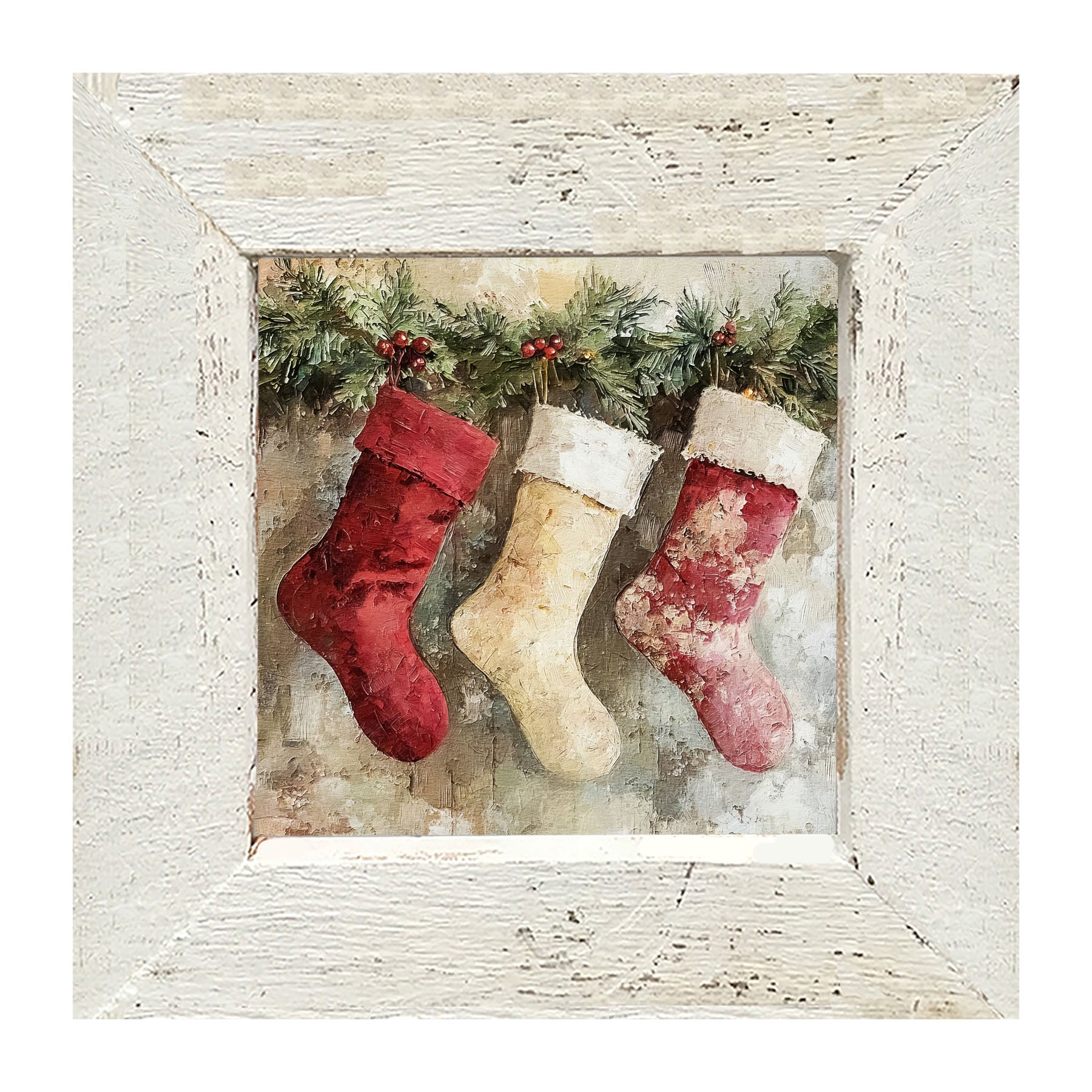 Rustic Red and White Stockings - Framed art