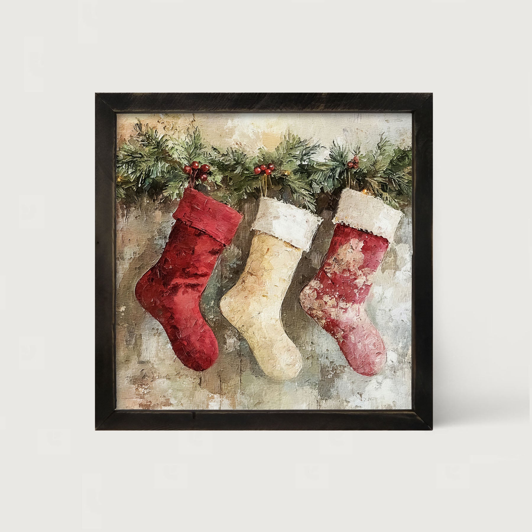 Rustic Red and White Stockings - Framed art
