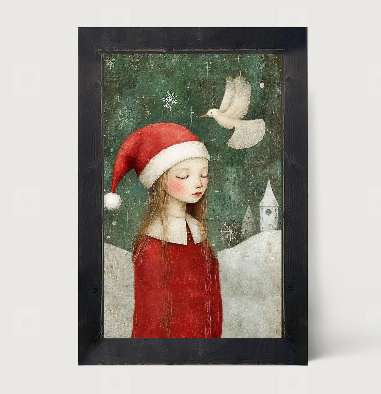 Christmas girl with dove - Framed Art