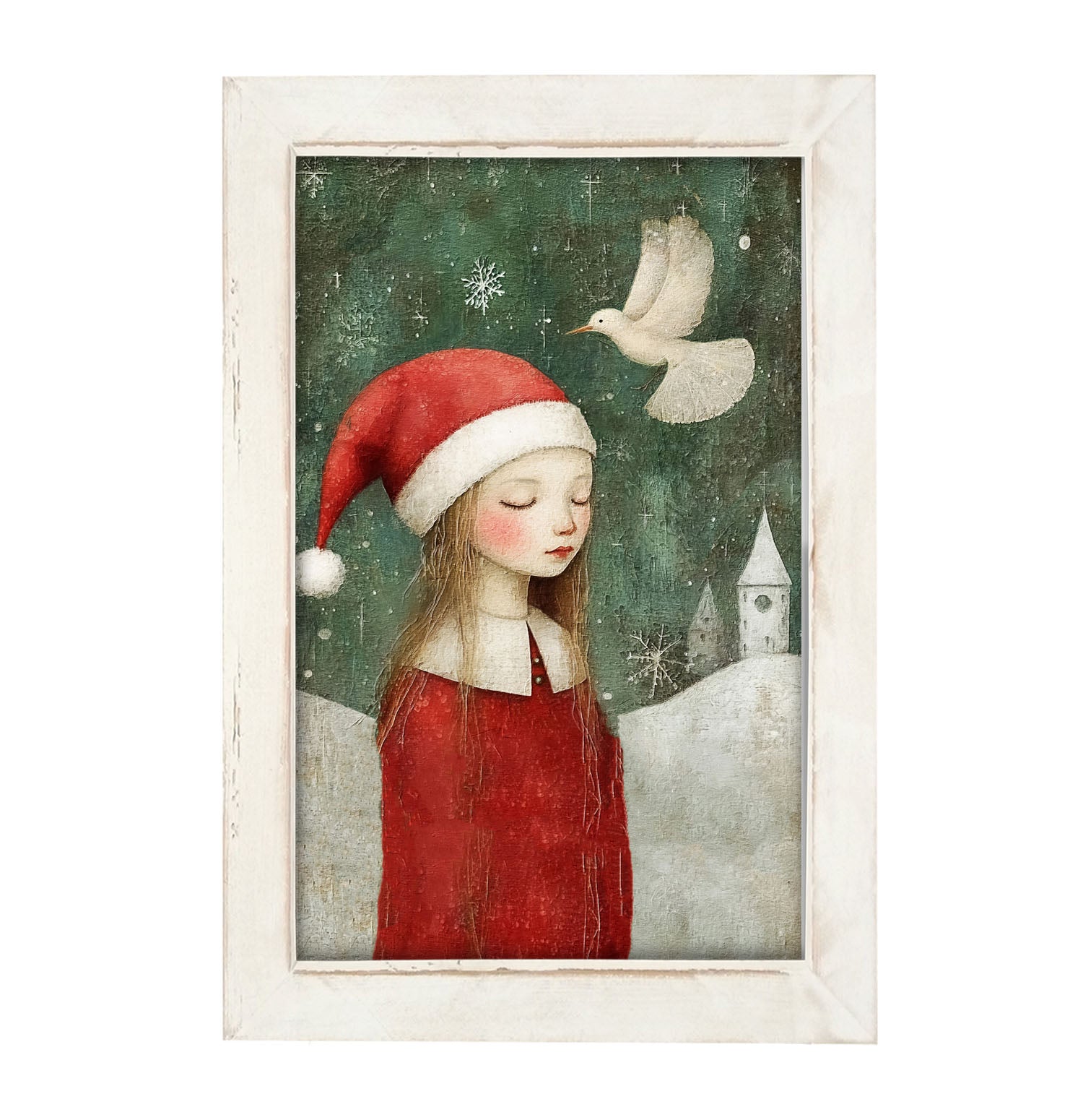 Christmas girl with dove - Framed Art