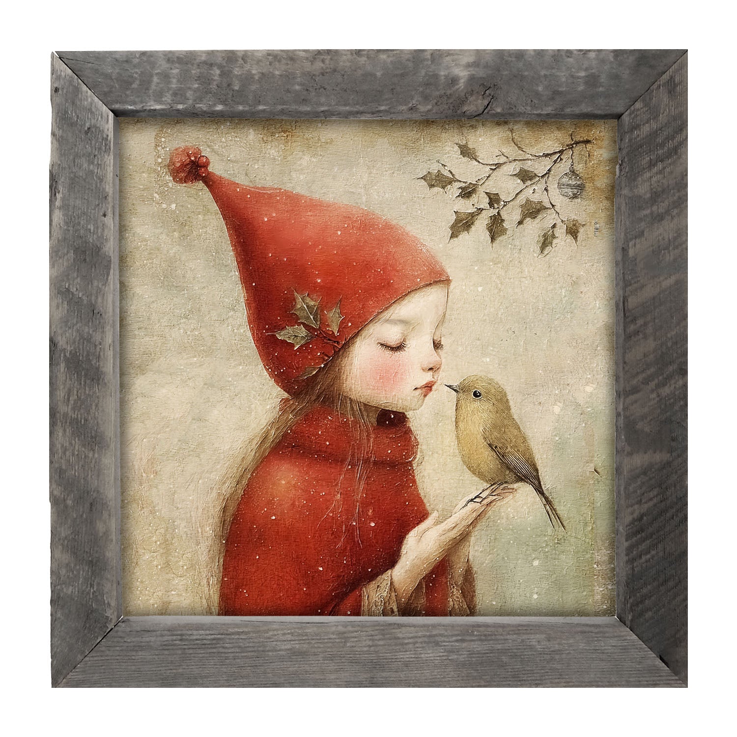 Christmas girl with bird - Framed Art
