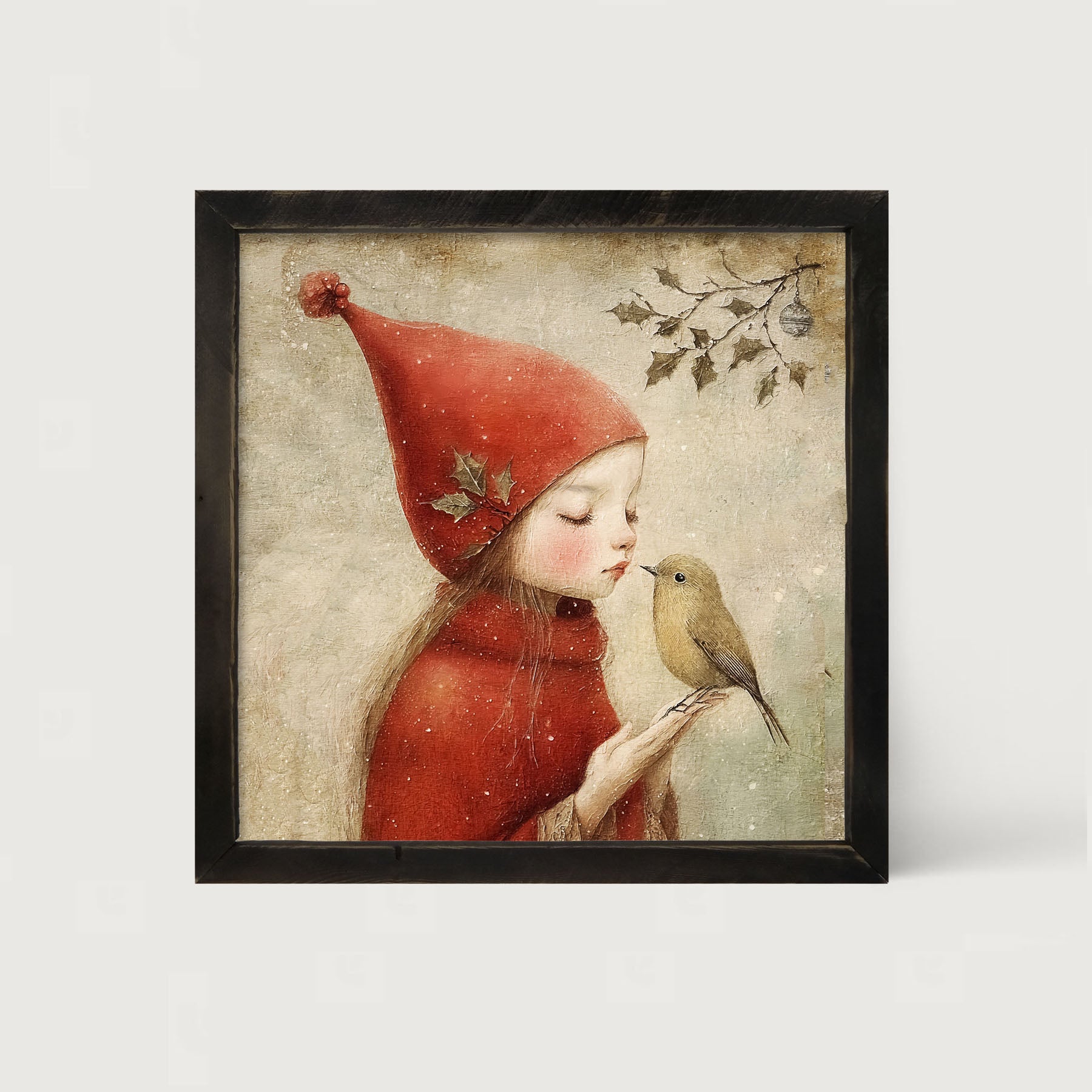 Christmas girl with bird - Framed Art