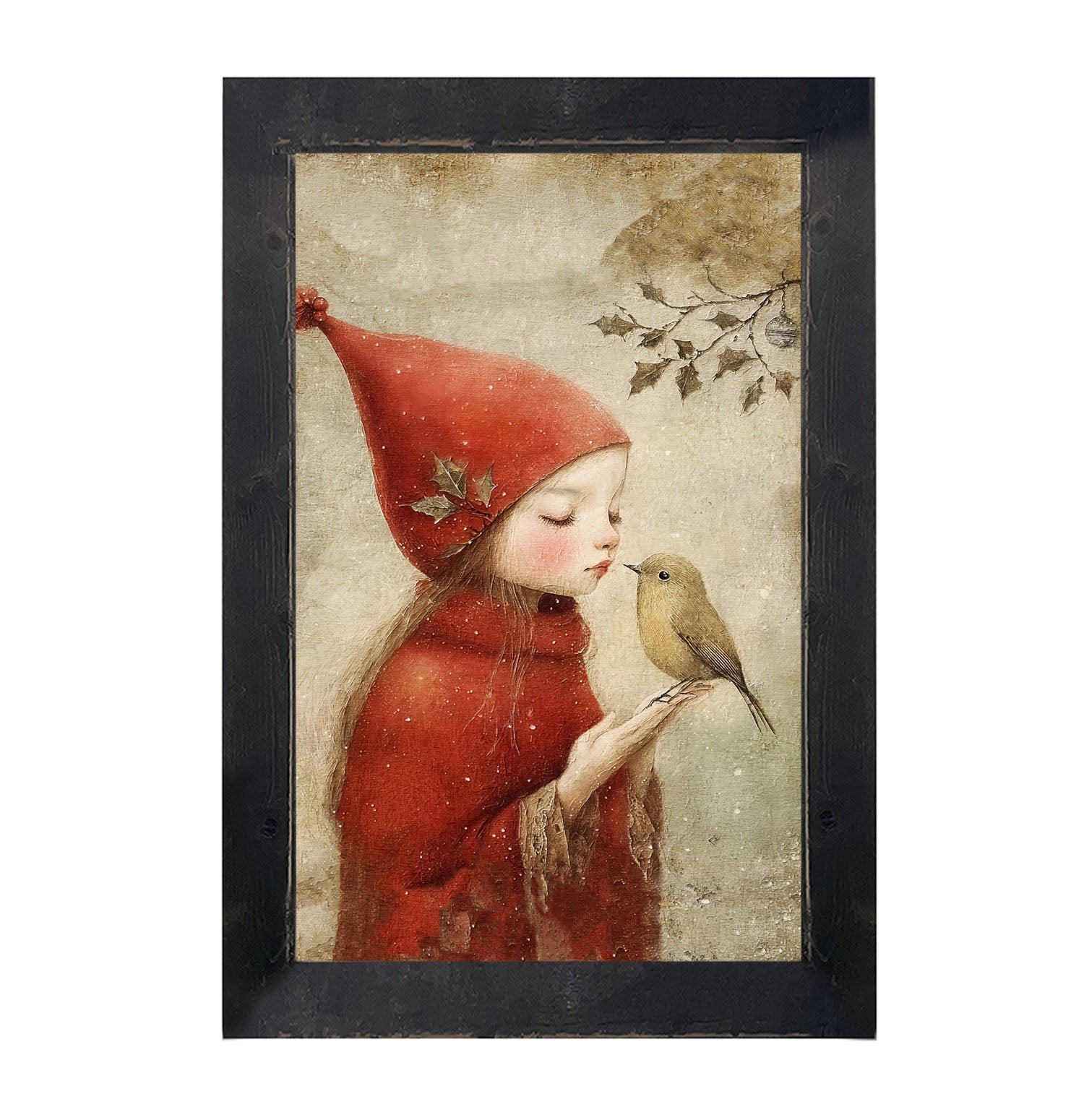 Christmas girl with bird - Framed Art