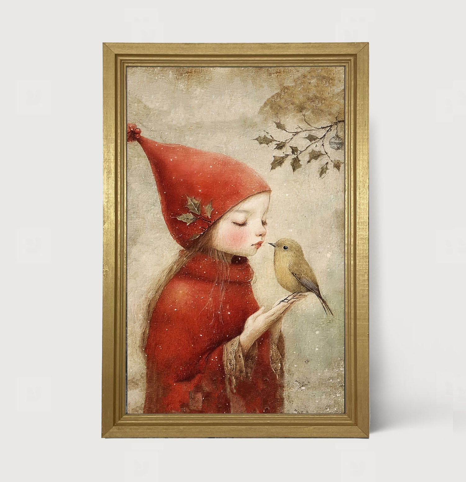 Christmas girl with bird - Framed Art