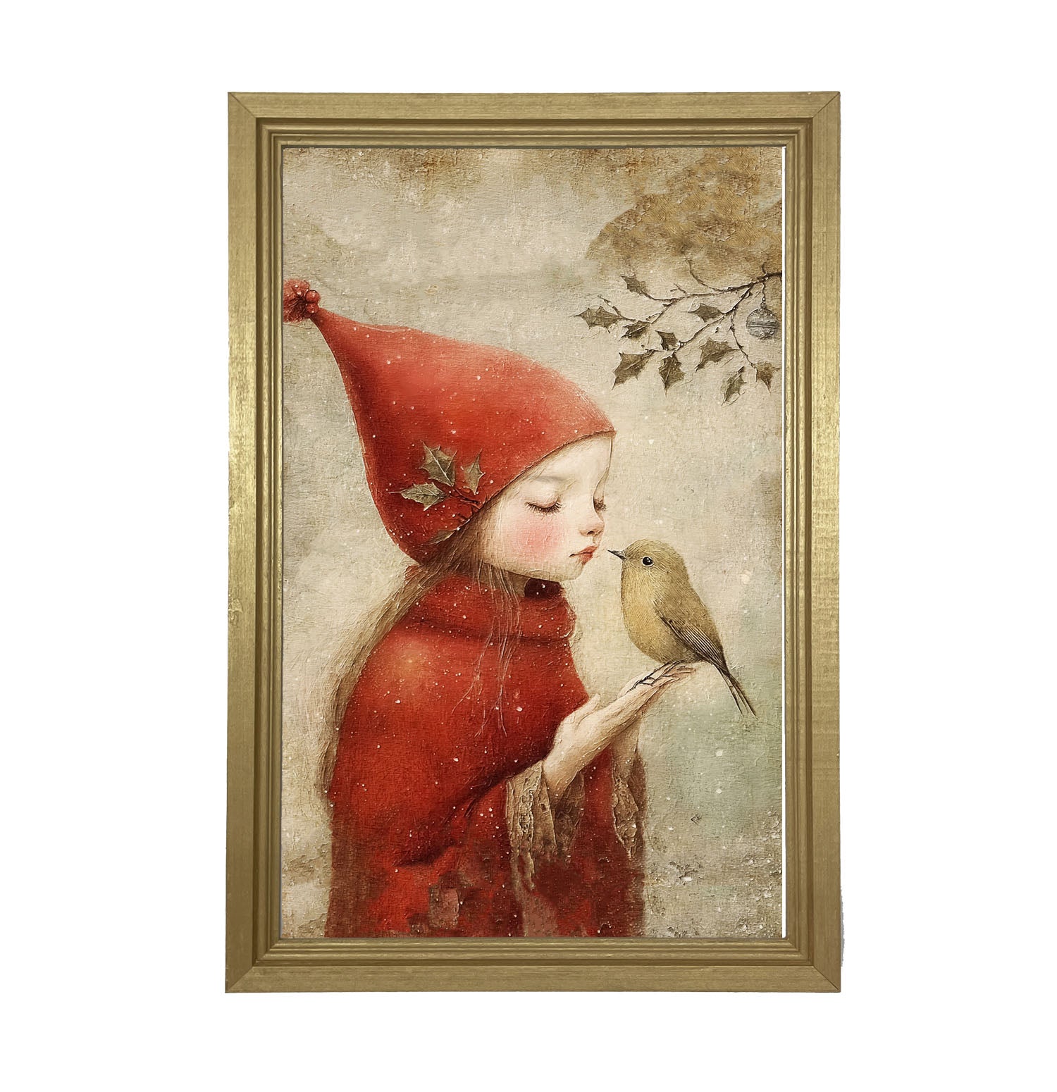 Christmas girl with bird - Framed Art