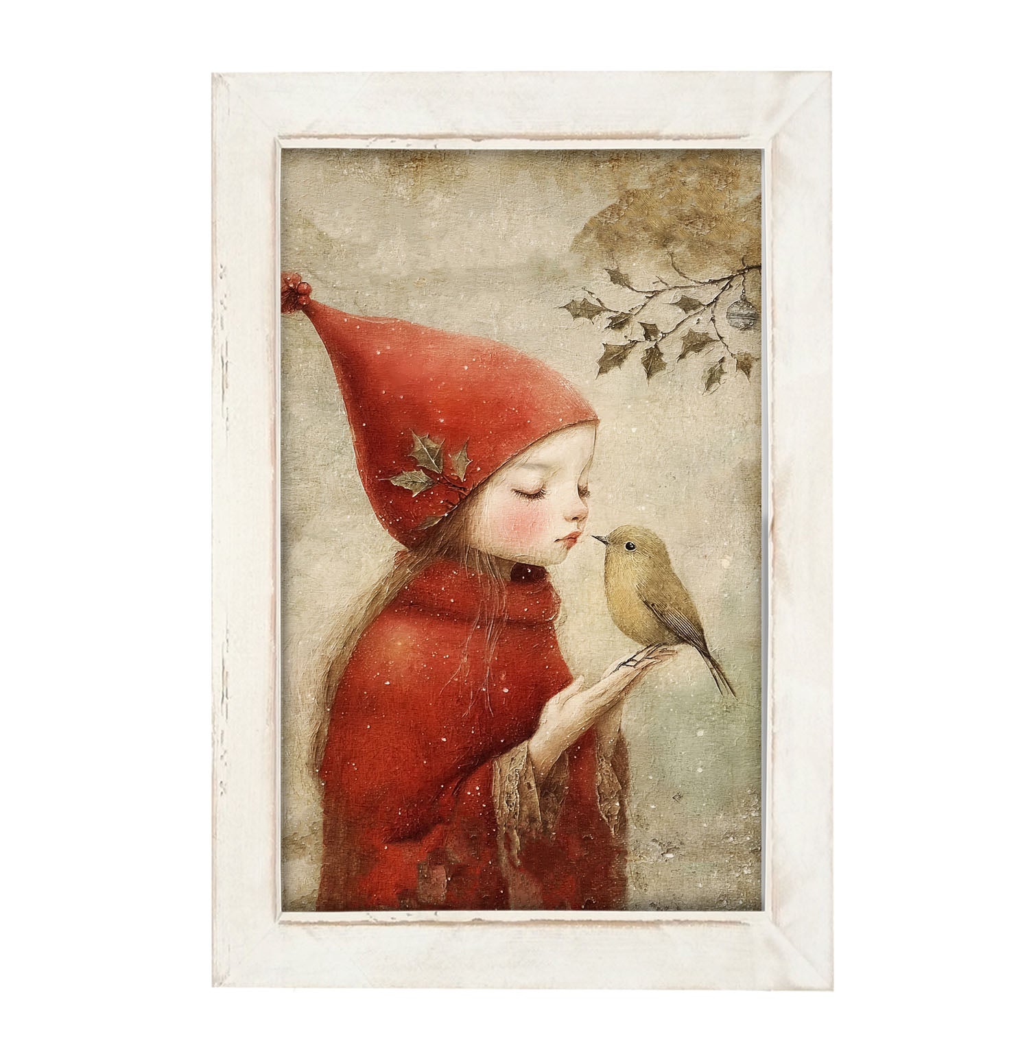 Christmas girl with bird - Framed Art