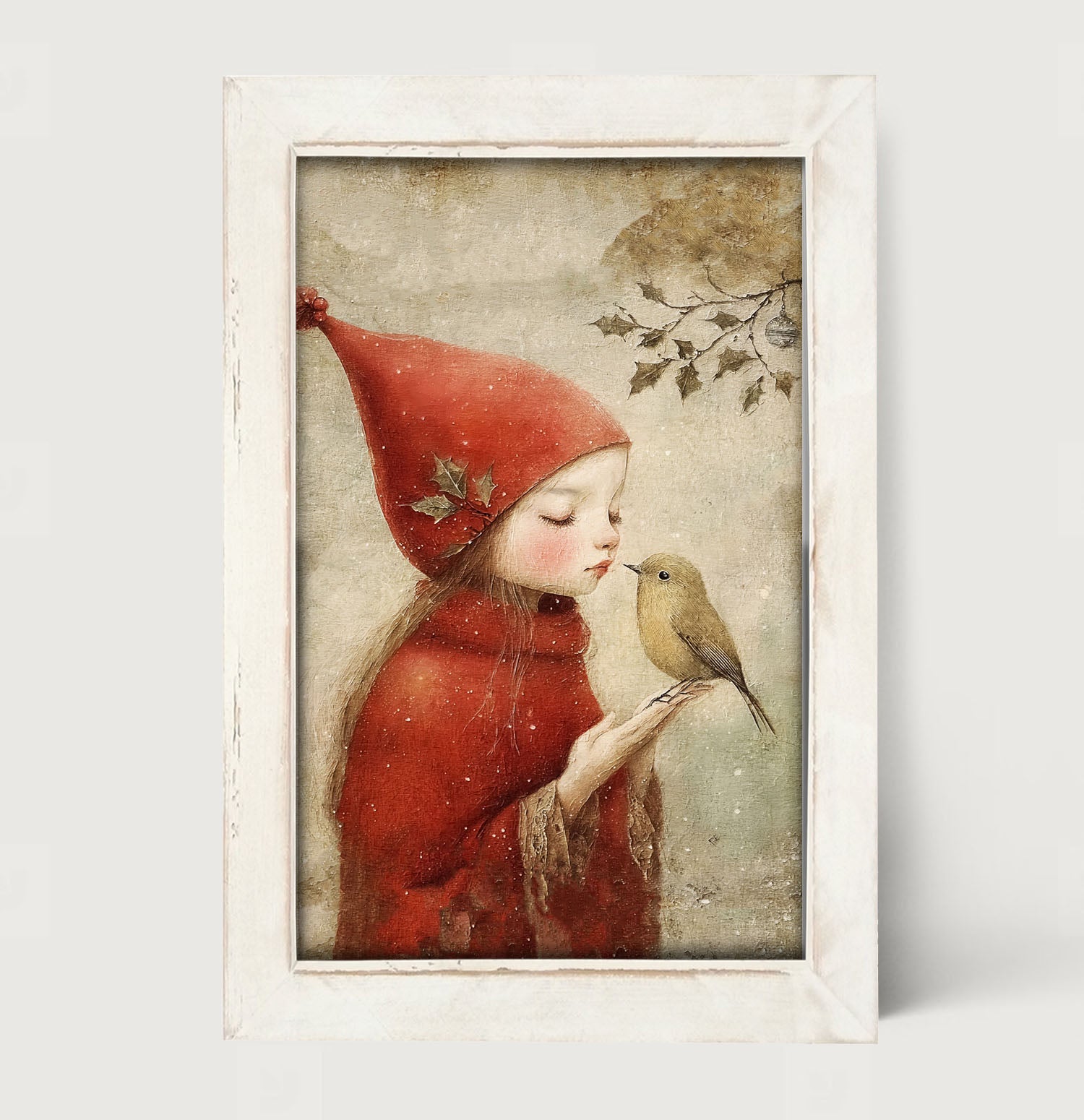 Christmas girl with bird - Framed Art
