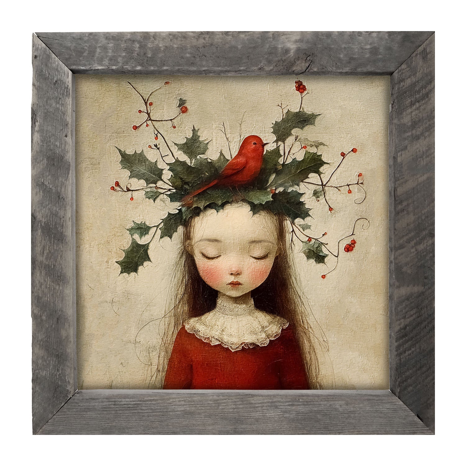 Christmas Girl with Cardinal - Framed Art