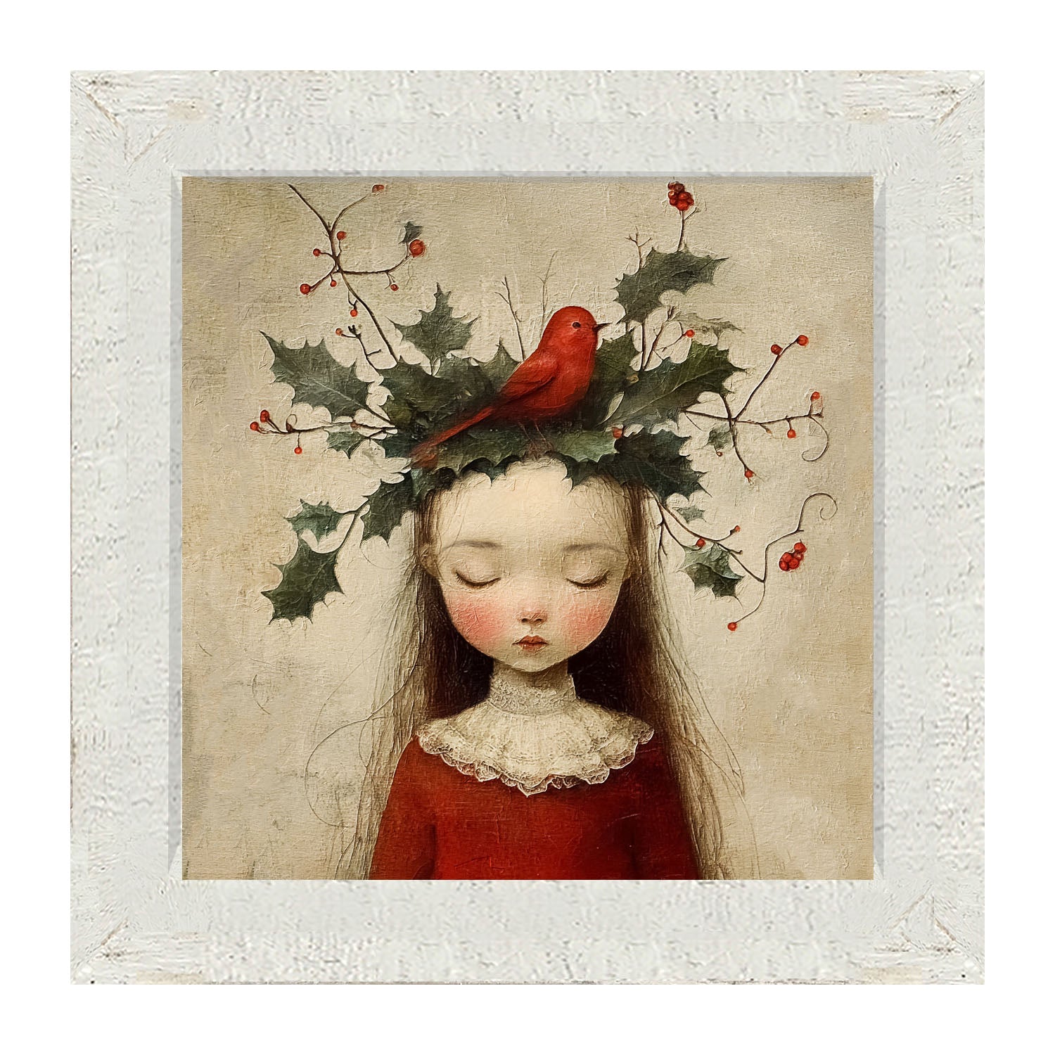 Christmas Girl with Cardinal - Framed Art