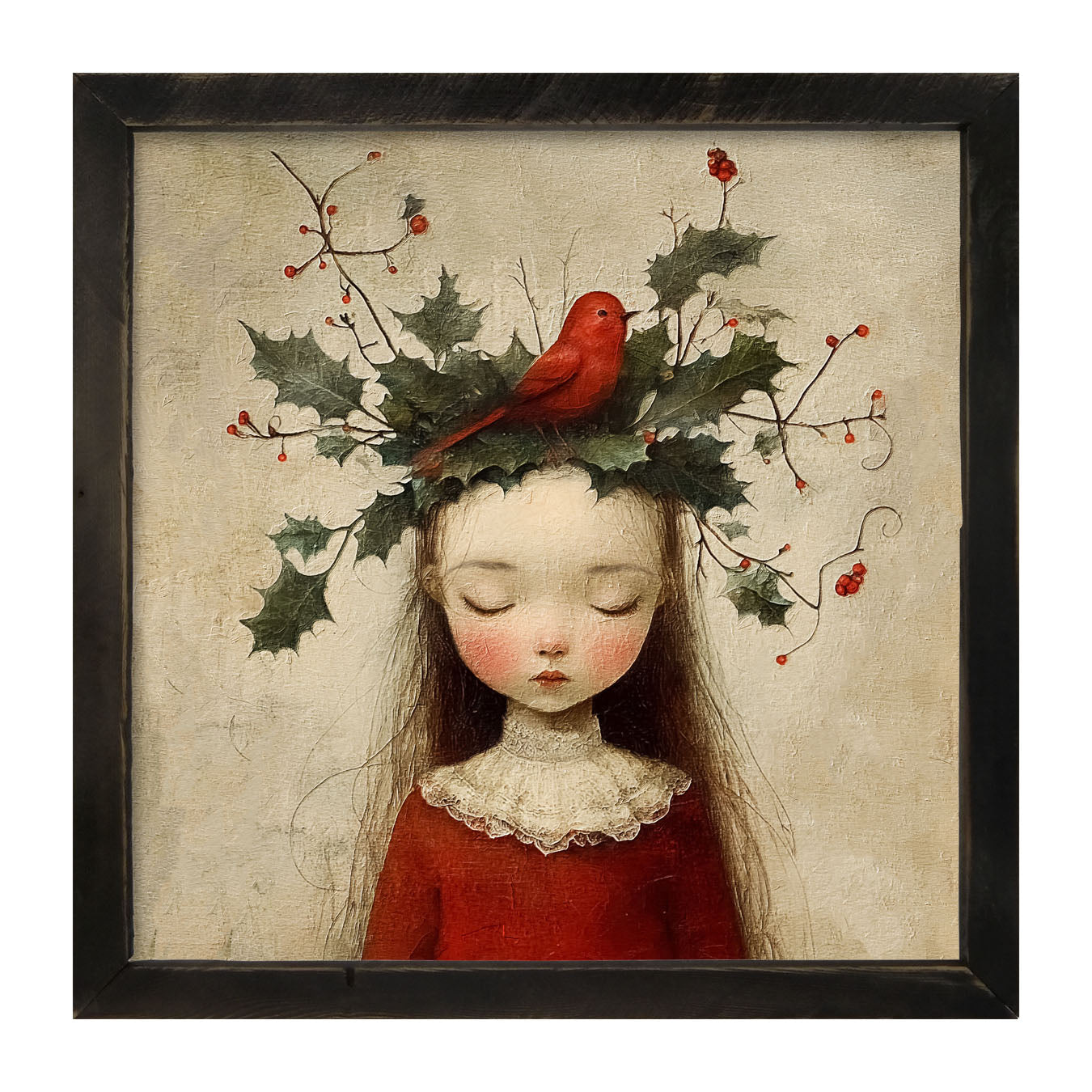 Christmas Girl with Cardinal - Framed Art