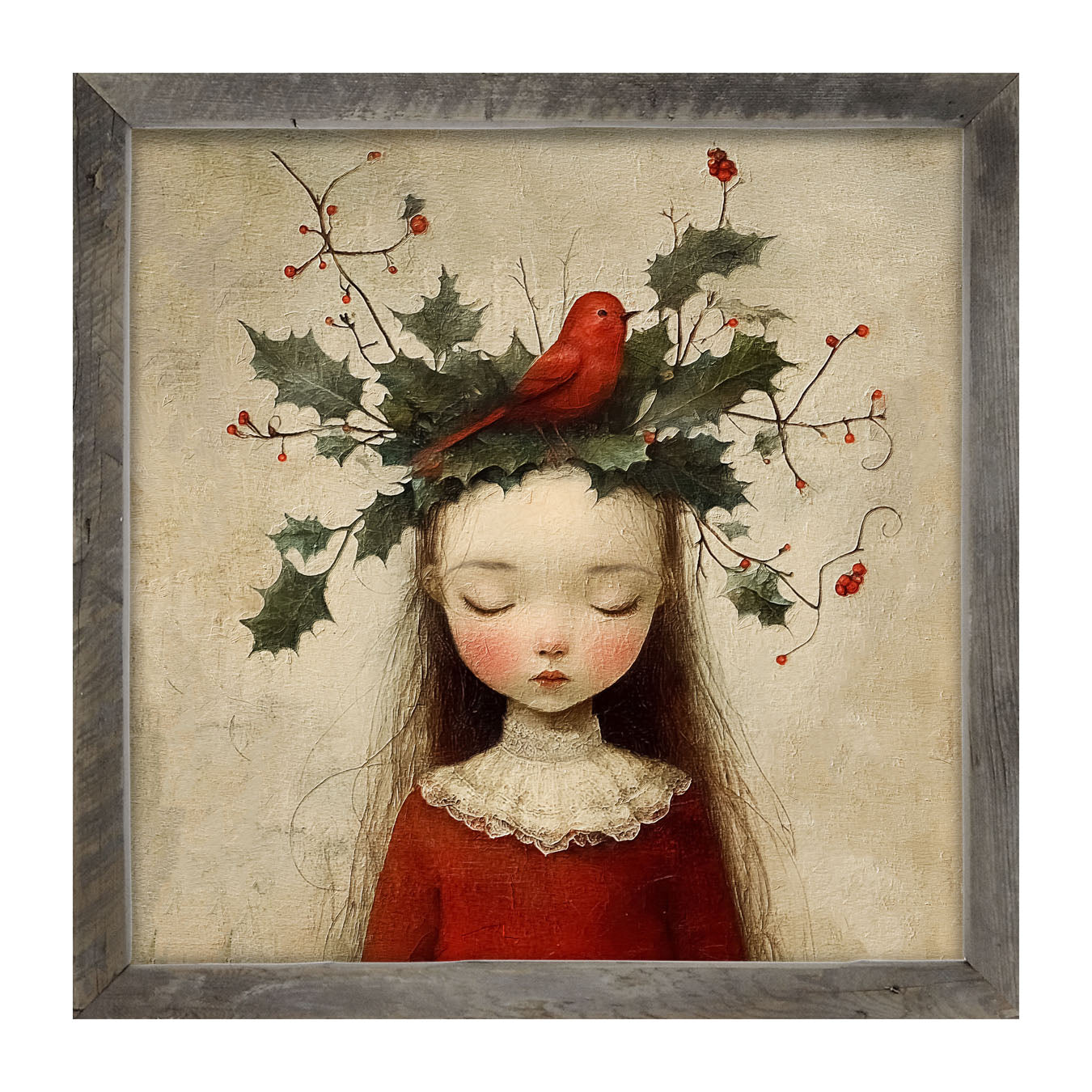 Christmas Girl with Cardinal - Framed Art