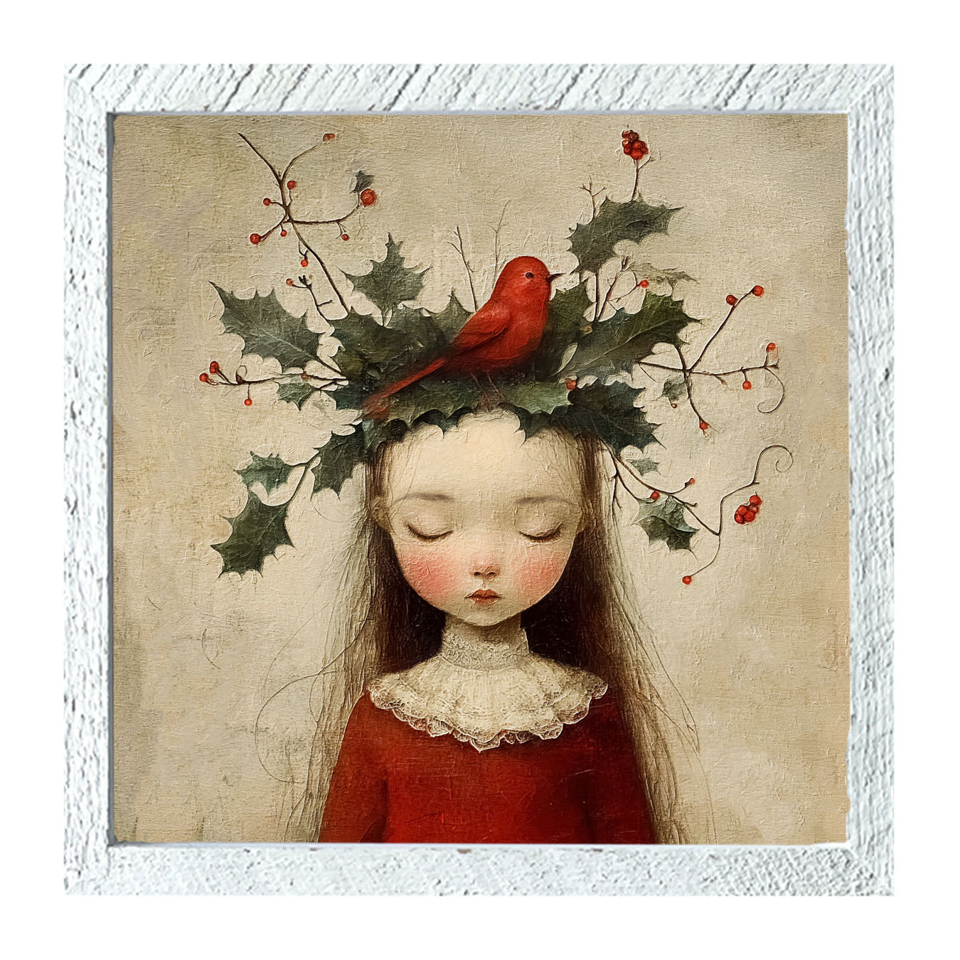 Christmas Girl with Cardinal - Framed Art