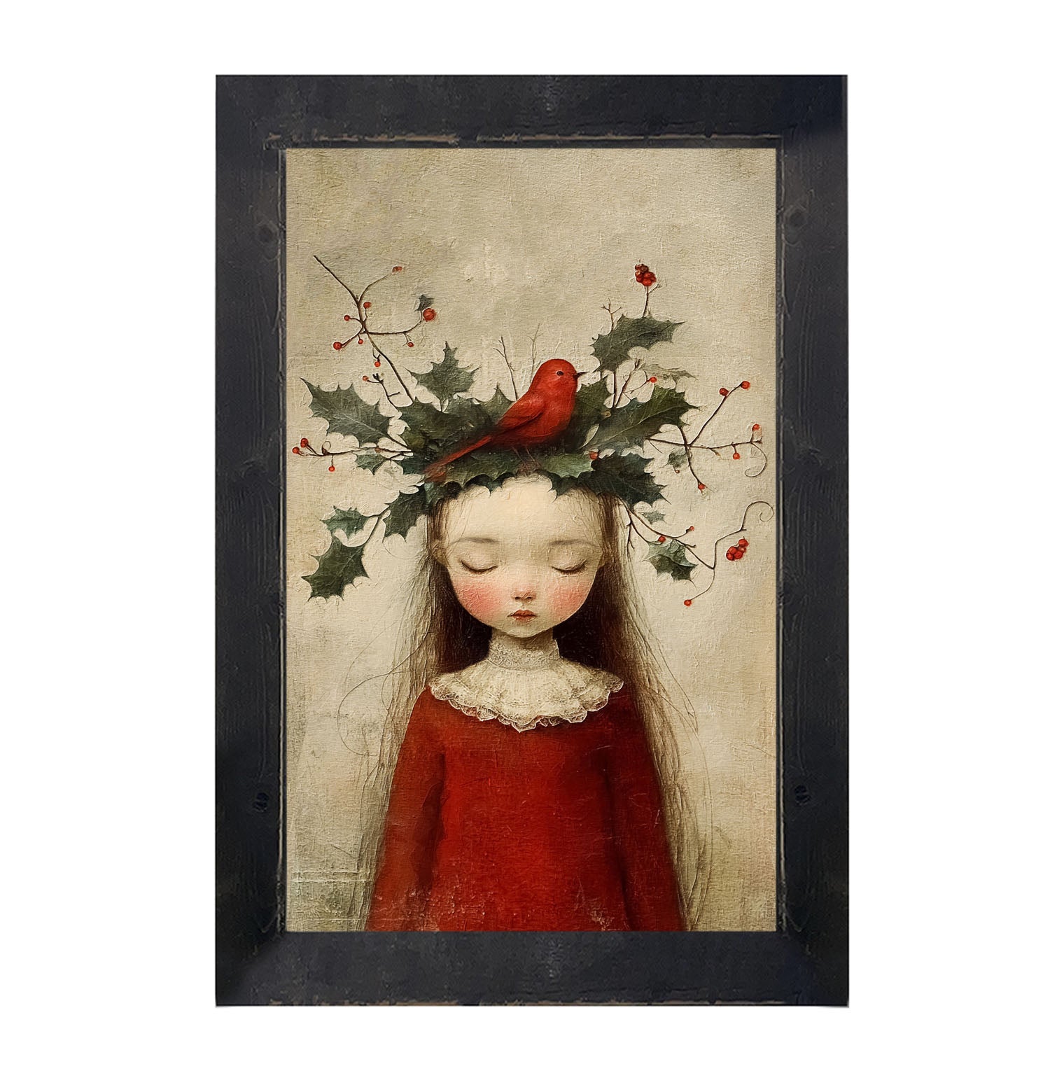 Christmas Girl with Cardinal - Framed Art
