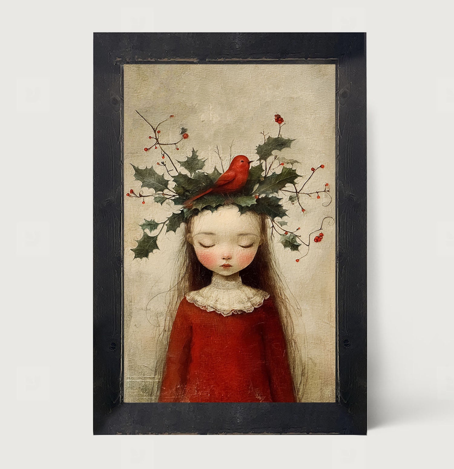 Christmas Girl with Cardinal - Framed Art