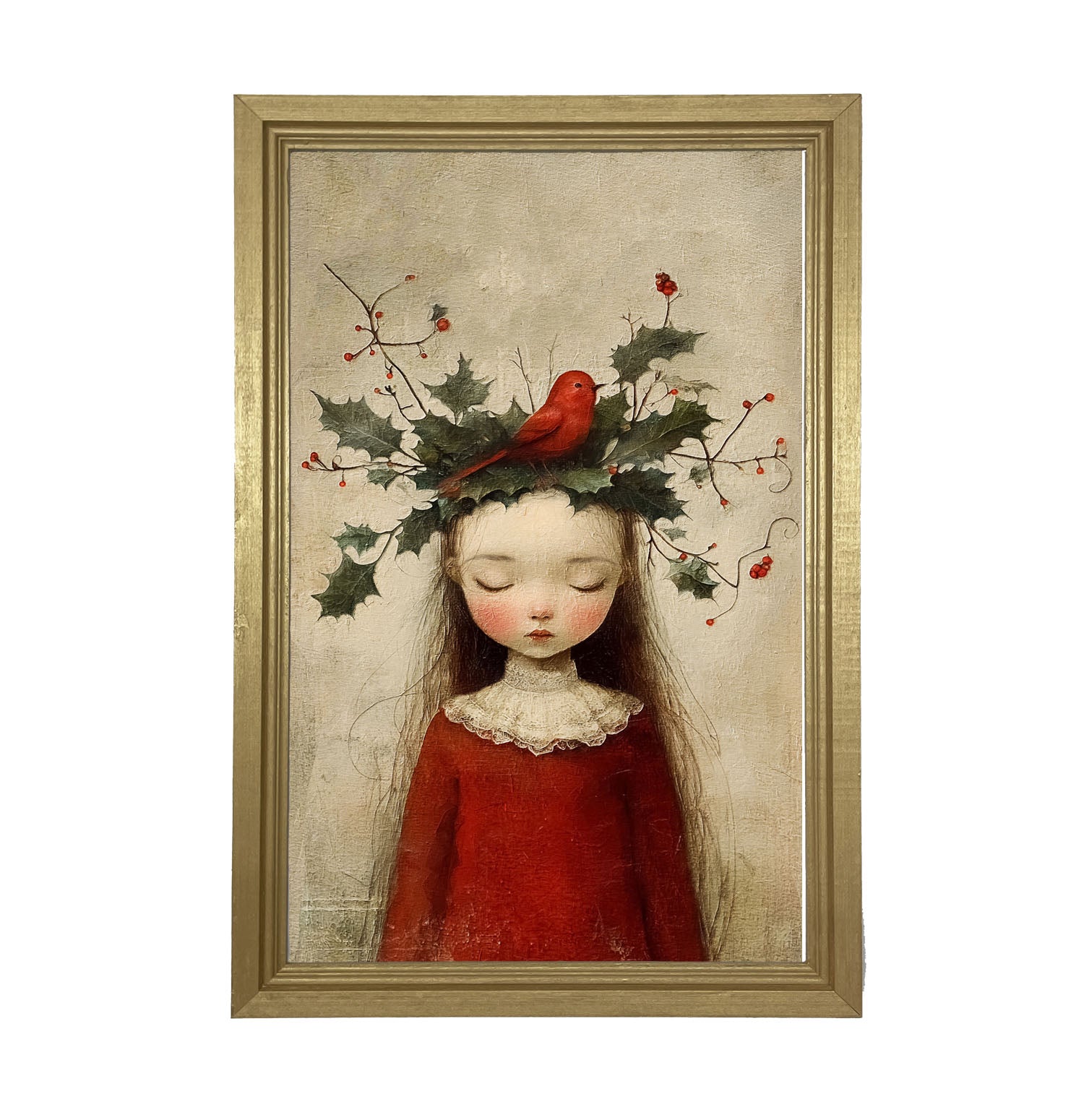 Christmas Girl with Cardinal - Framed Art