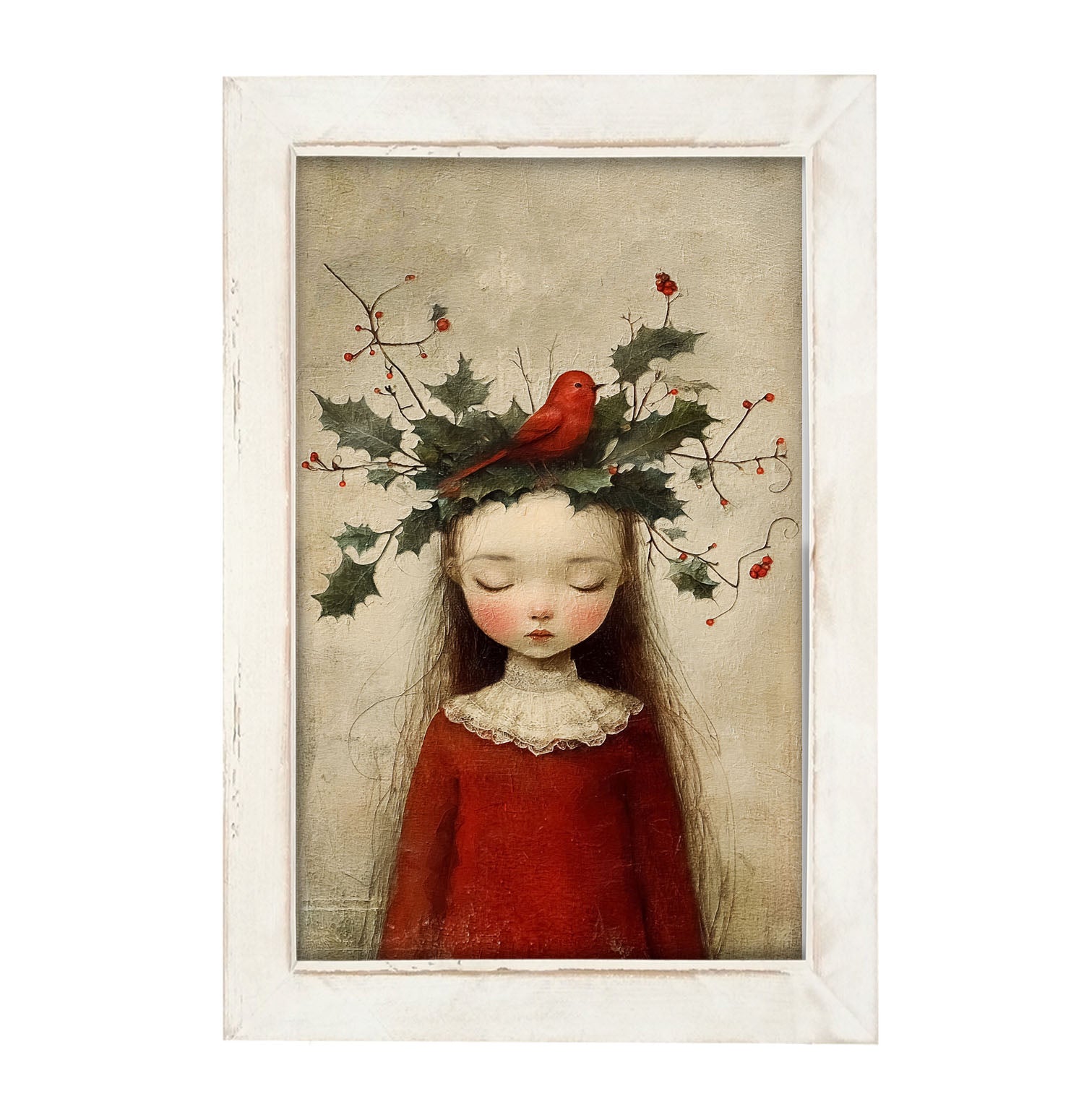 Christmas Girl with Cardinal - Framed Art
