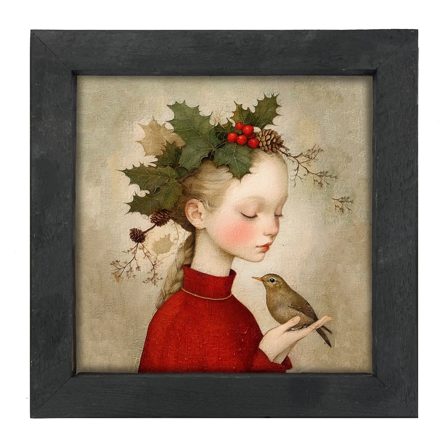 Girl with Holly and Bird - Framed Art