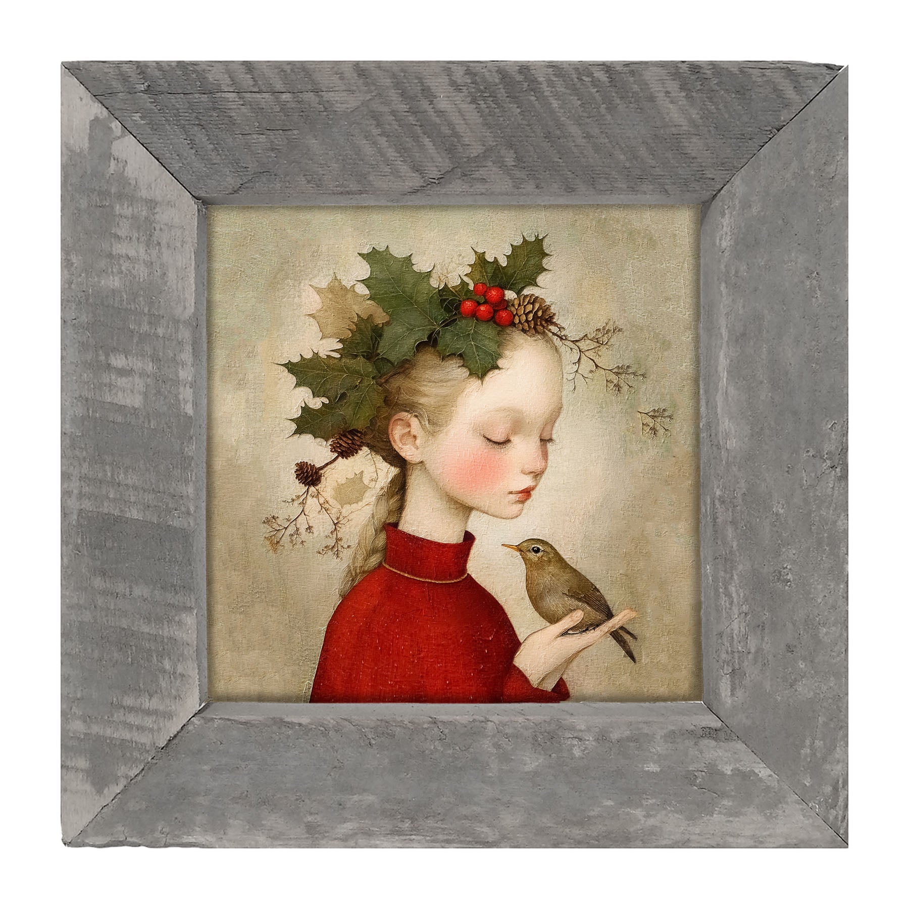 Girl with Holly and Bird - Framed Art
