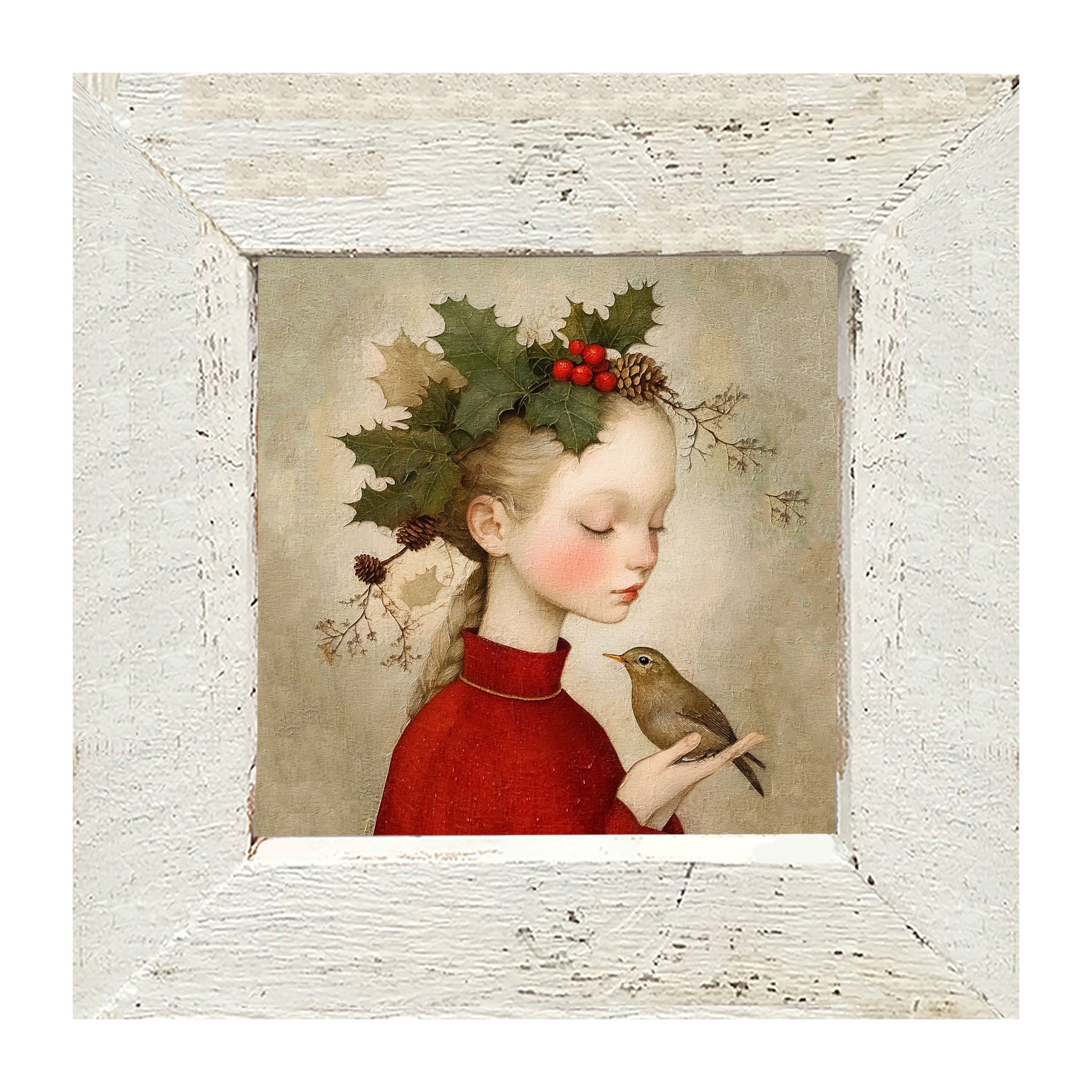Girl with Holly and Bird - Framed Art