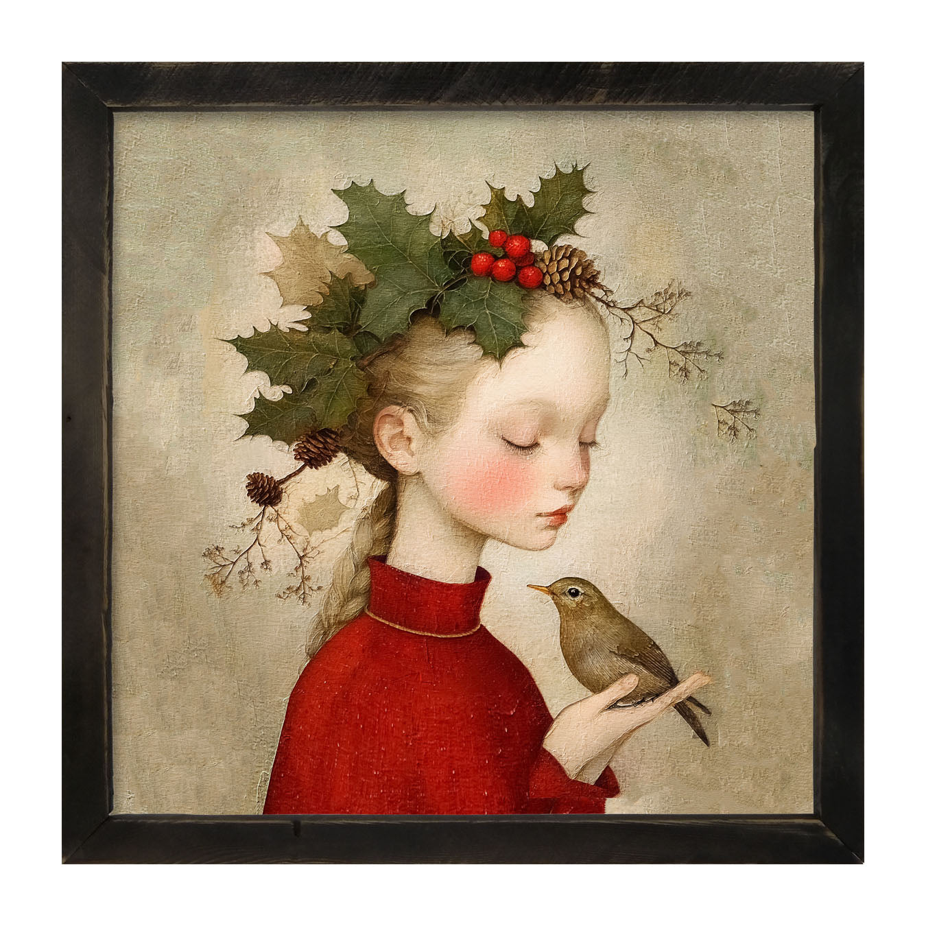 Girl with Holly and Bird - Framed Art