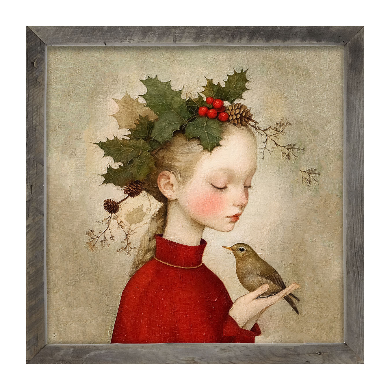 Girl with Holly and Bird - Framed Art