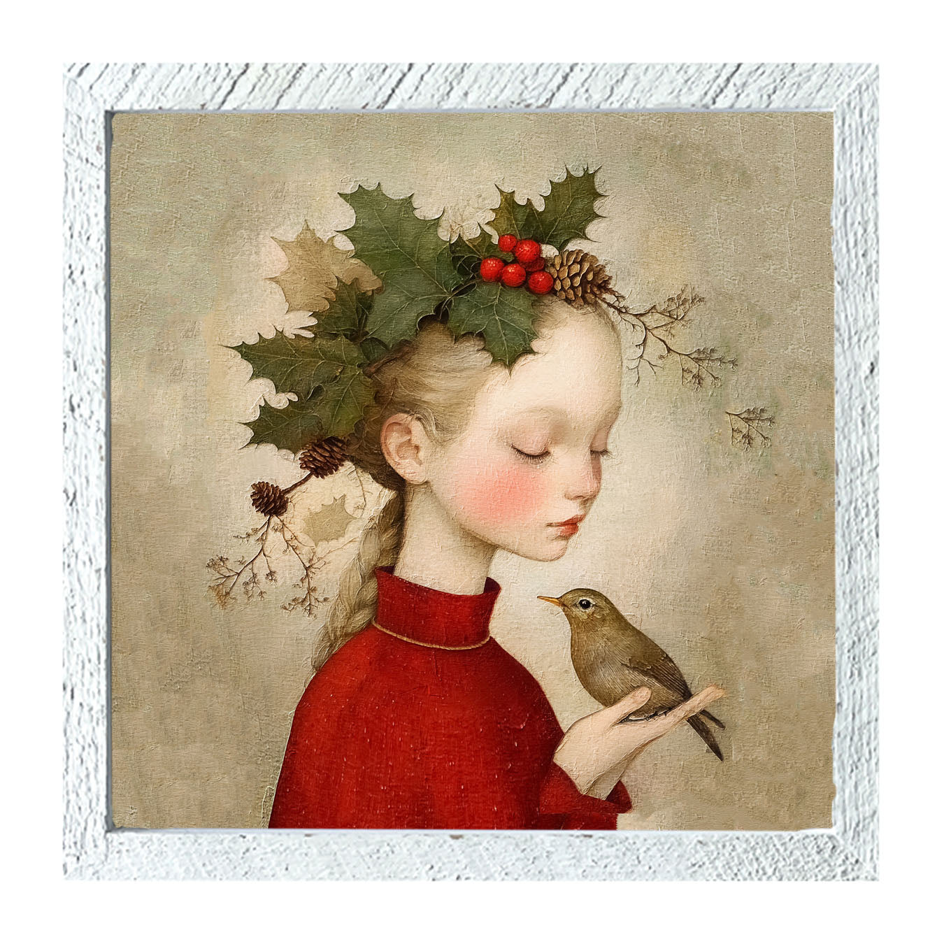 Girl with Holly and Bird - Framed Art