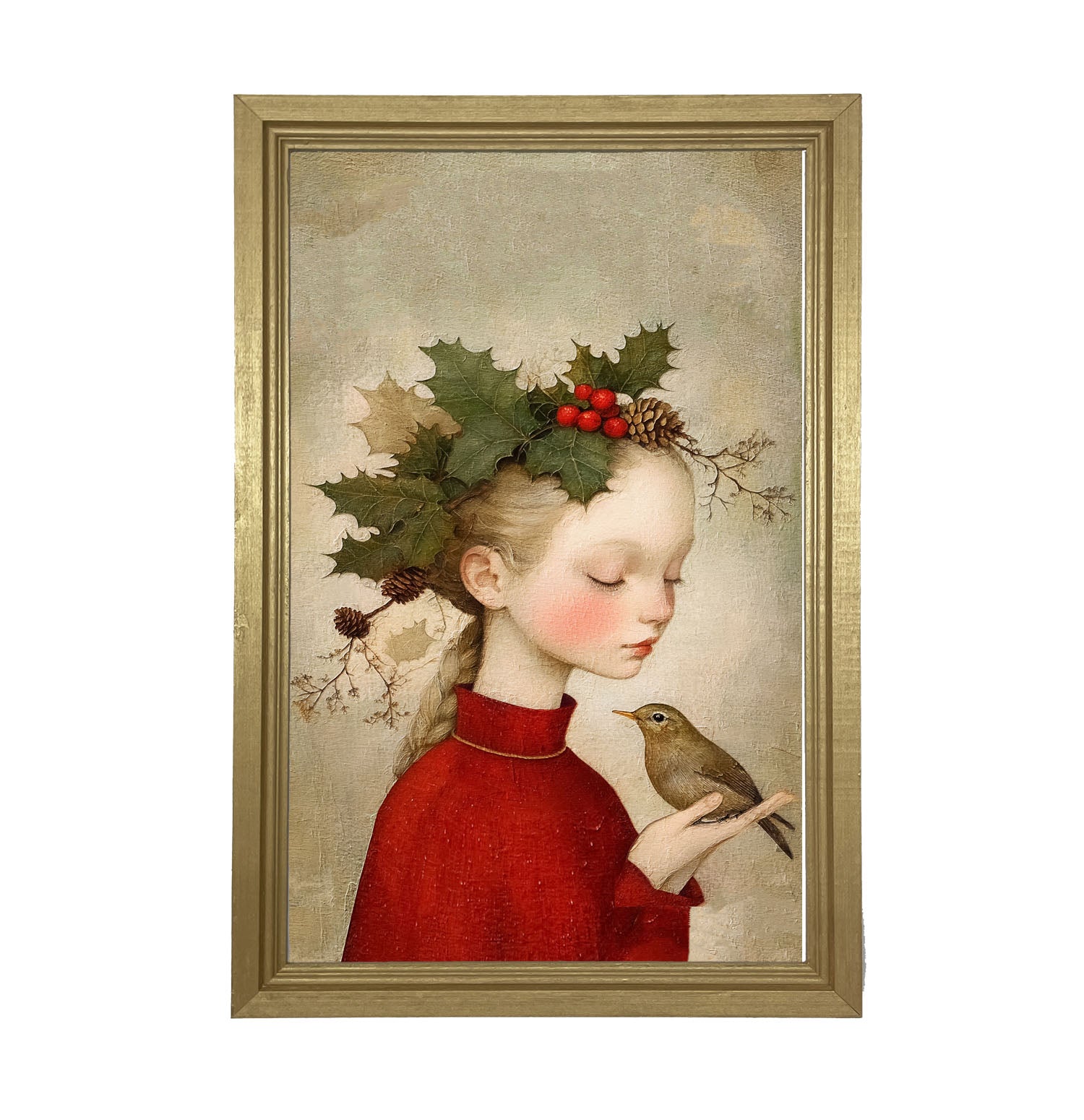Girl with Holly and Bird - Framed Art