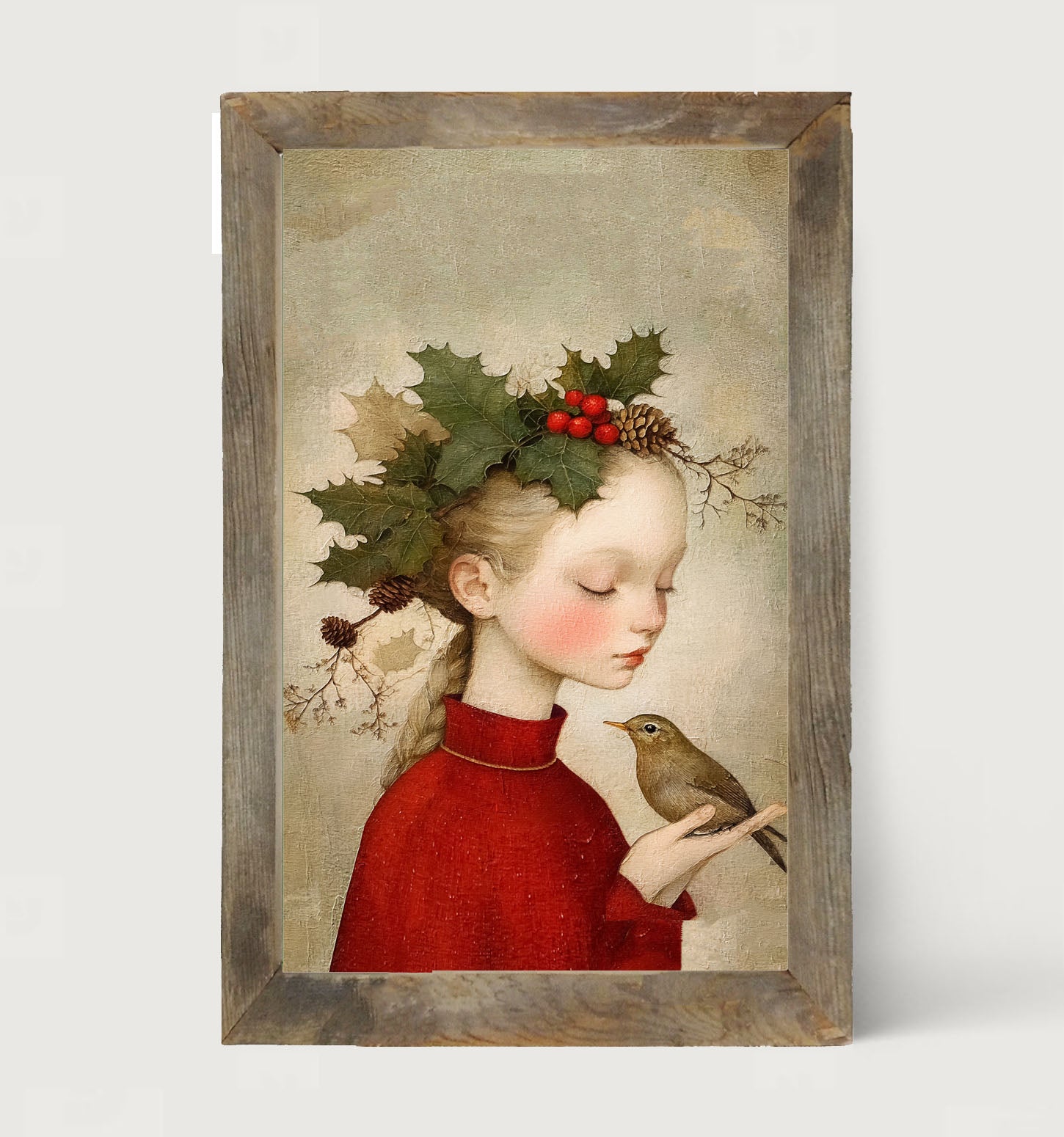 Girl with Holly and Bird - Framed Art
